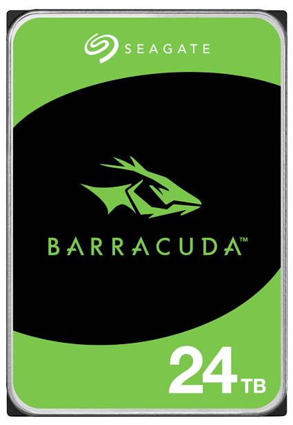 Seagate Barracuda 24TB interne Festplatte mit schwarz-grünem Design, ausgestattet mit einem stilisierten Fisch und dem Unternehmenslogo an der Oberseite.