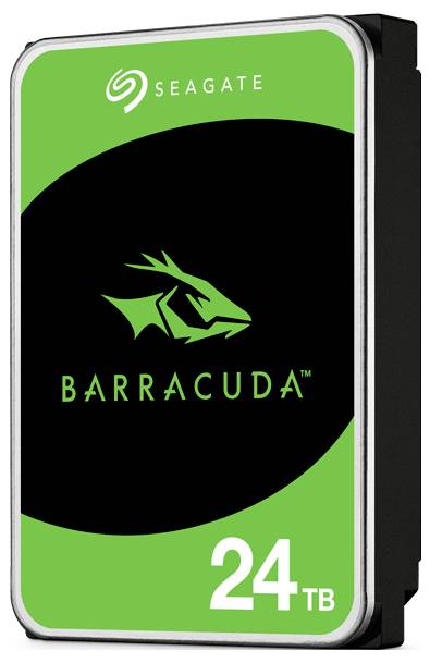 Seagate Barracuda externe Festplatte mit grün-schwarzem Design, beschriftet mit '24 TB'.