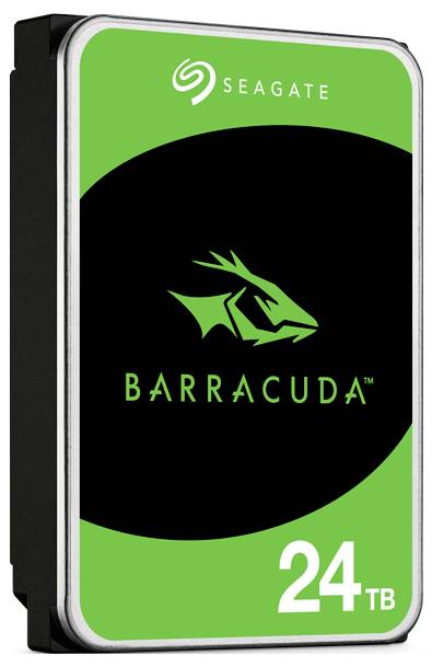 Seagate Barracuda 24-TB-Festplatte mit grün-schwarzem Design, ausgestattet mit dem Barracuda-Logo.