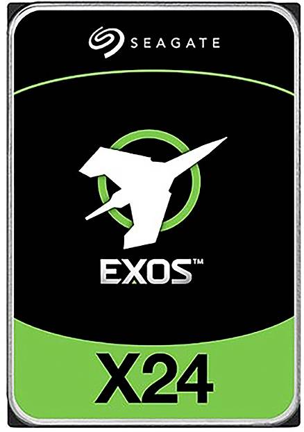 Logo des 'SEAGATE EXOS X24' Festplattenlaufwerks mit stilisiertem fliegenden Vogel vor schwarzem und grünem Hintergrund, Firmenname und Modellbezeichnung.