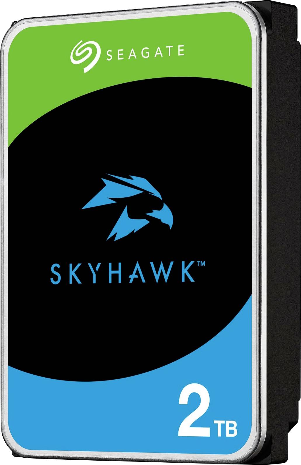 Seagate SkyHawk 2TB interne Festplatte mit Logo und Markierung, entwickelt für Speicher- und Videoüberwachungsanwendungen.