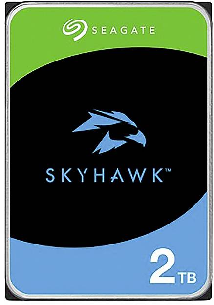 Seagate SkyHawk 2TB Festplatte Logo mit grünem und blauem Design und einer stilisierten Vogel-Grafik auf schwarzem Hintergrund.