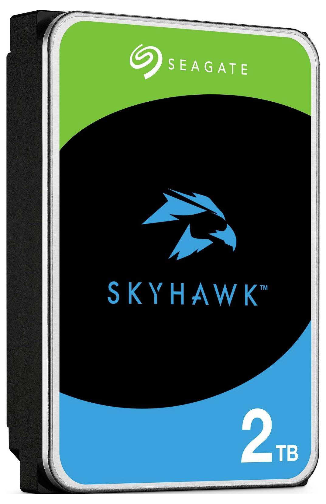Seagate SkyHawk 2TB Festplatte mit einem grün-blauen Design und einem Vogel-Logo.