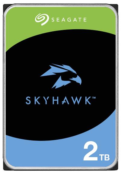 'Seagate SkyHawk 2TB' Überwachungsfestplatte mit grün-blauem Design, ausgestattet mit einem Hawk-Logo auf schwarzem Hintergrund.