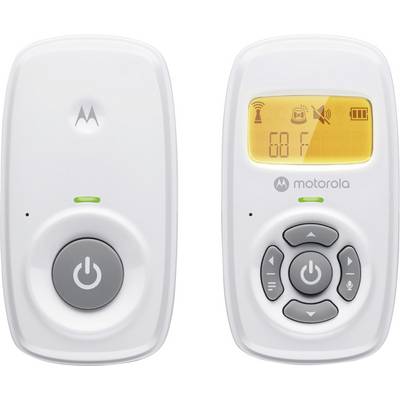 Zwei weiße Babyphone-Einheiten werden gezeigt. Eines zeigt '68 F' auf einem orangefarbenen Bildschirm mit Bedienungstasten darunter.