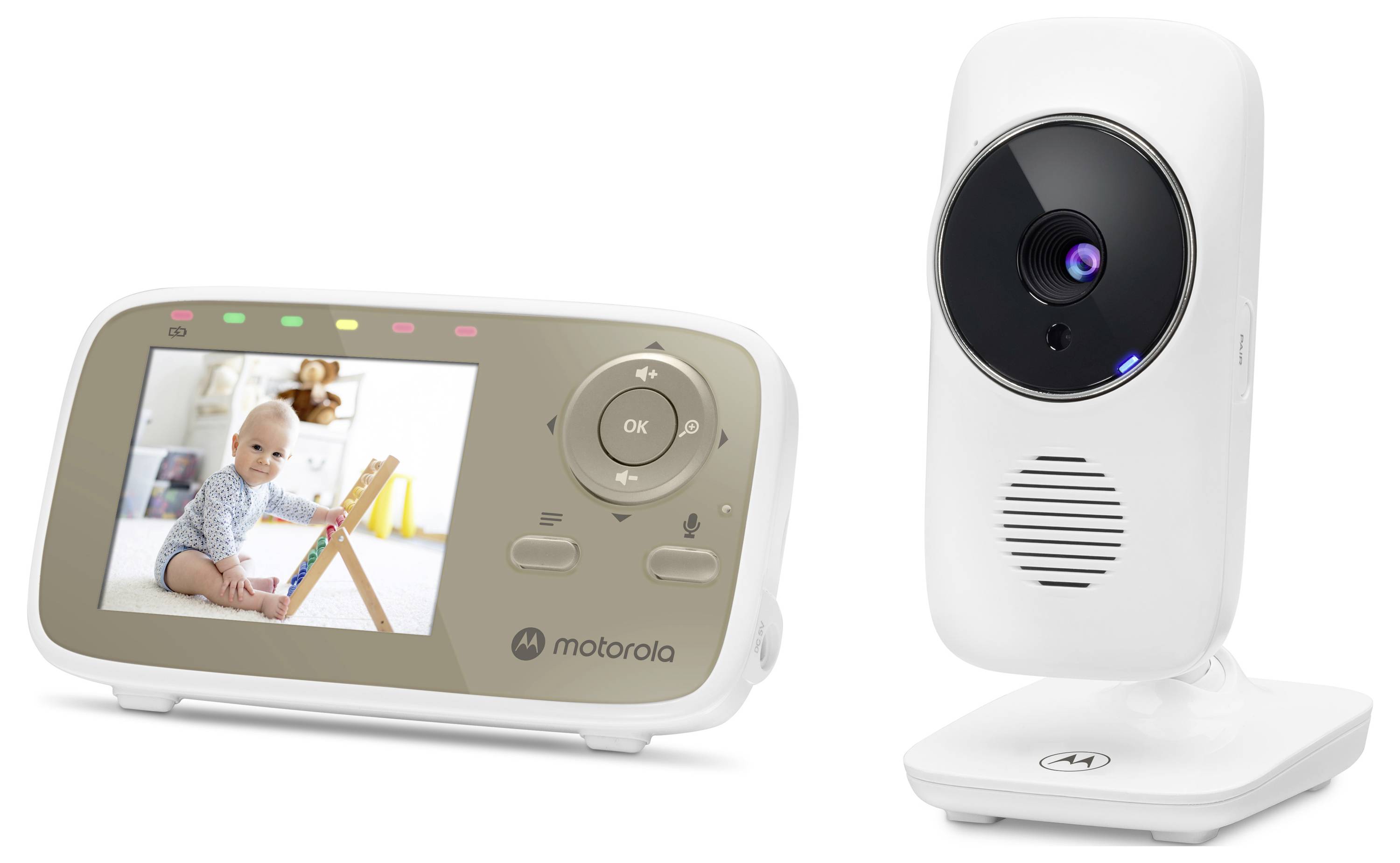 Babyphone-Set mit Displayscreen, der ein sitzendes Baby zeigt, und einer Kameraeinheit für die Fernüberwachung.