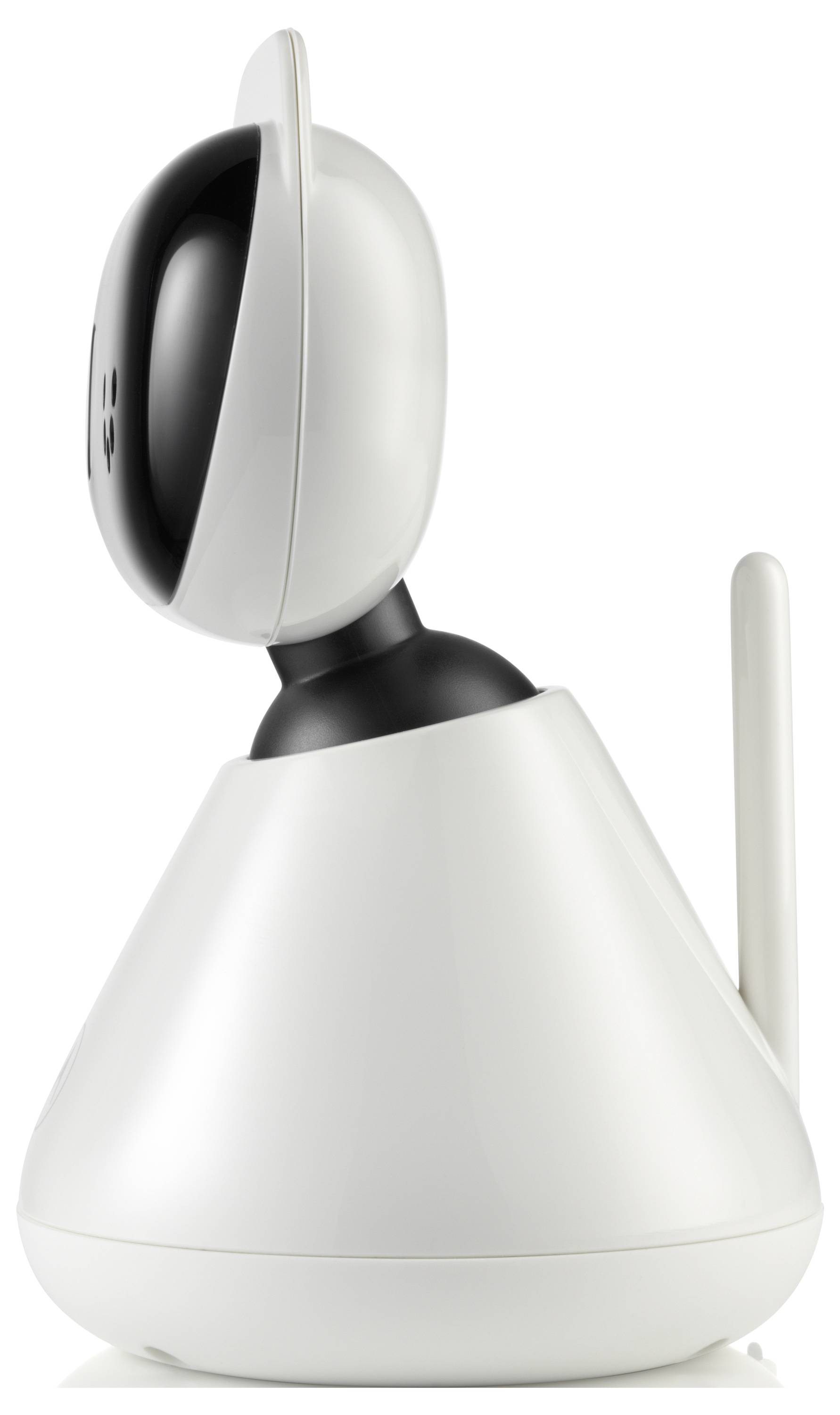 Ein weißer, kegelförmiger Roboter mit rundem Kopf und verstellbarem Hals, in Seitenansicht dargestellt, mit einer antennenartigen Verlängerung.