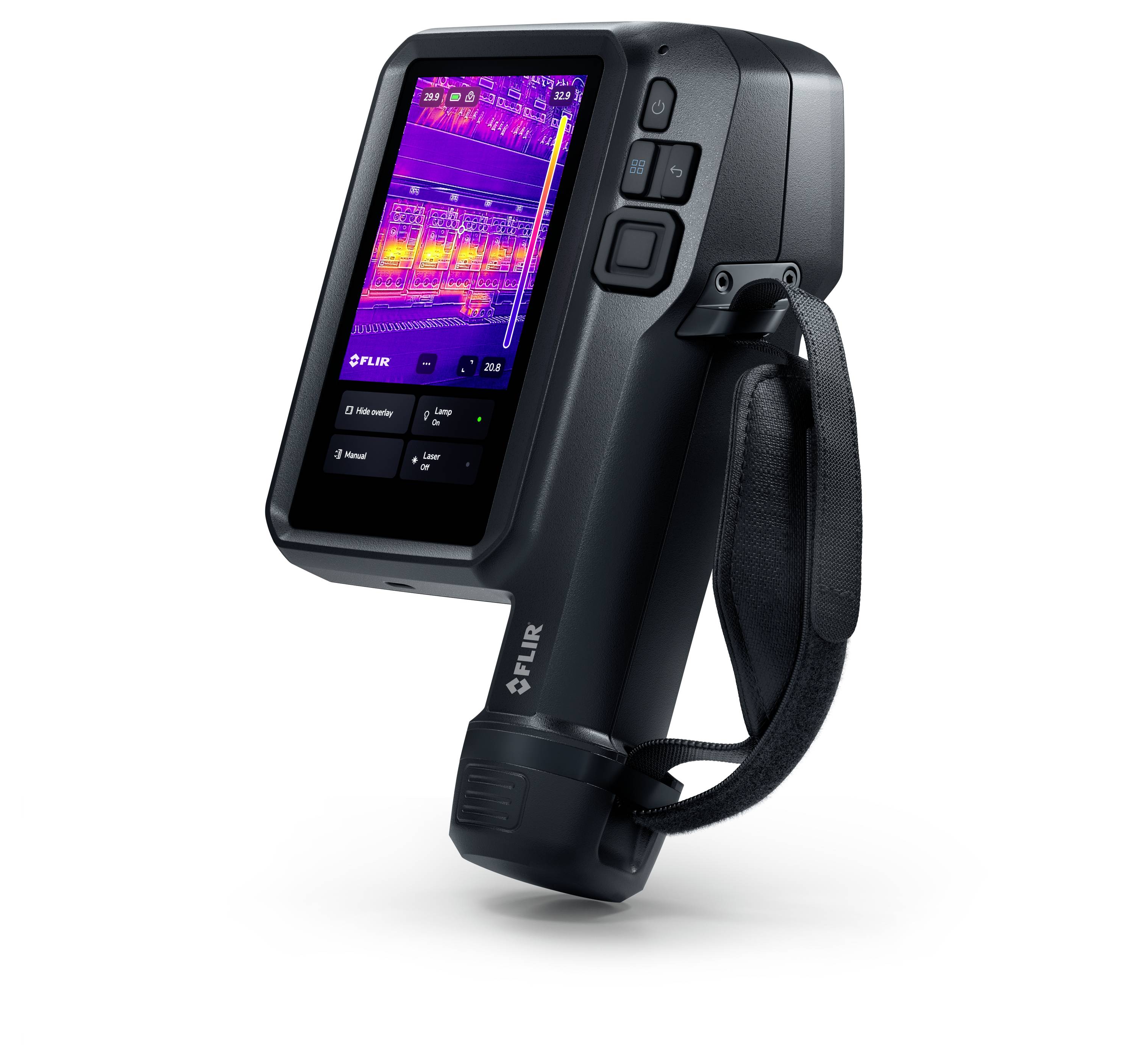 Eine tragbare FLIR-Wärmebildkamera zeigt ein farbiges Thermalbild auf ihrem Display, mit Bedienungstasten und einem Handgelenkband.
