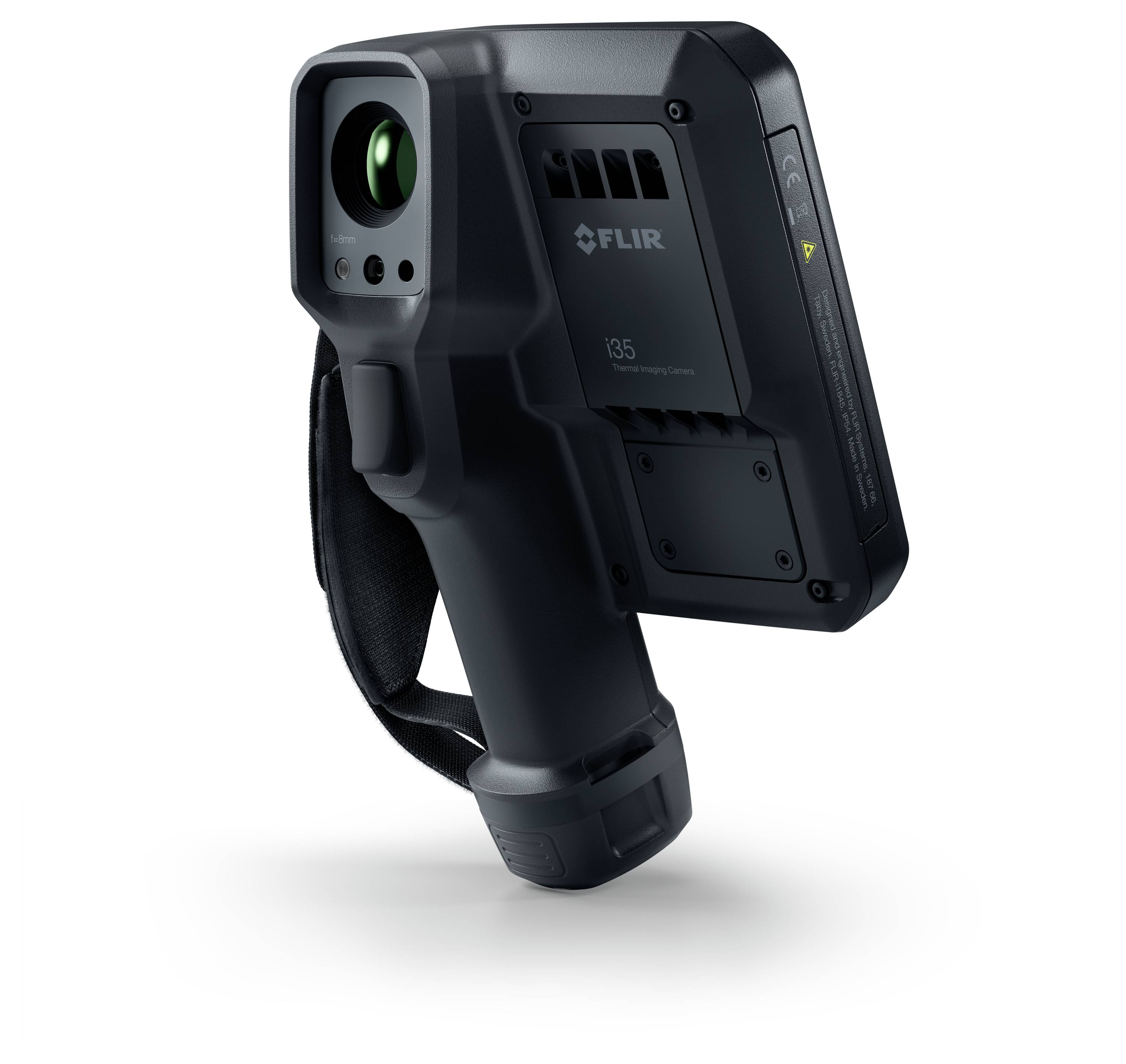 Eine schwarze Wärmebildkamera mit Griff, ausgestattet mit dem Markennamen FLIR und dem Modell i3s, entwickelt für Wärmebildaufnahmen und -analyse.