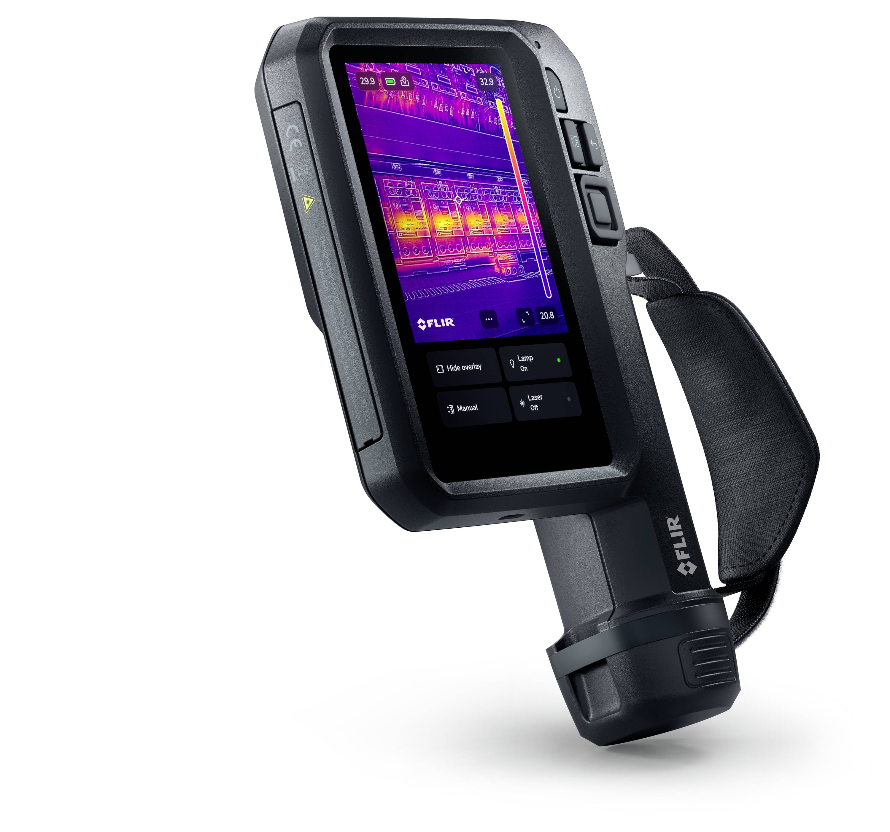 Eine tragbare Wärmebildkamera, die die Wärmesignatur eines Gebäudes auf dem Bildschirm zeigt und Bereiche mit höheren und niedrigeren Temperaturen darstellt.