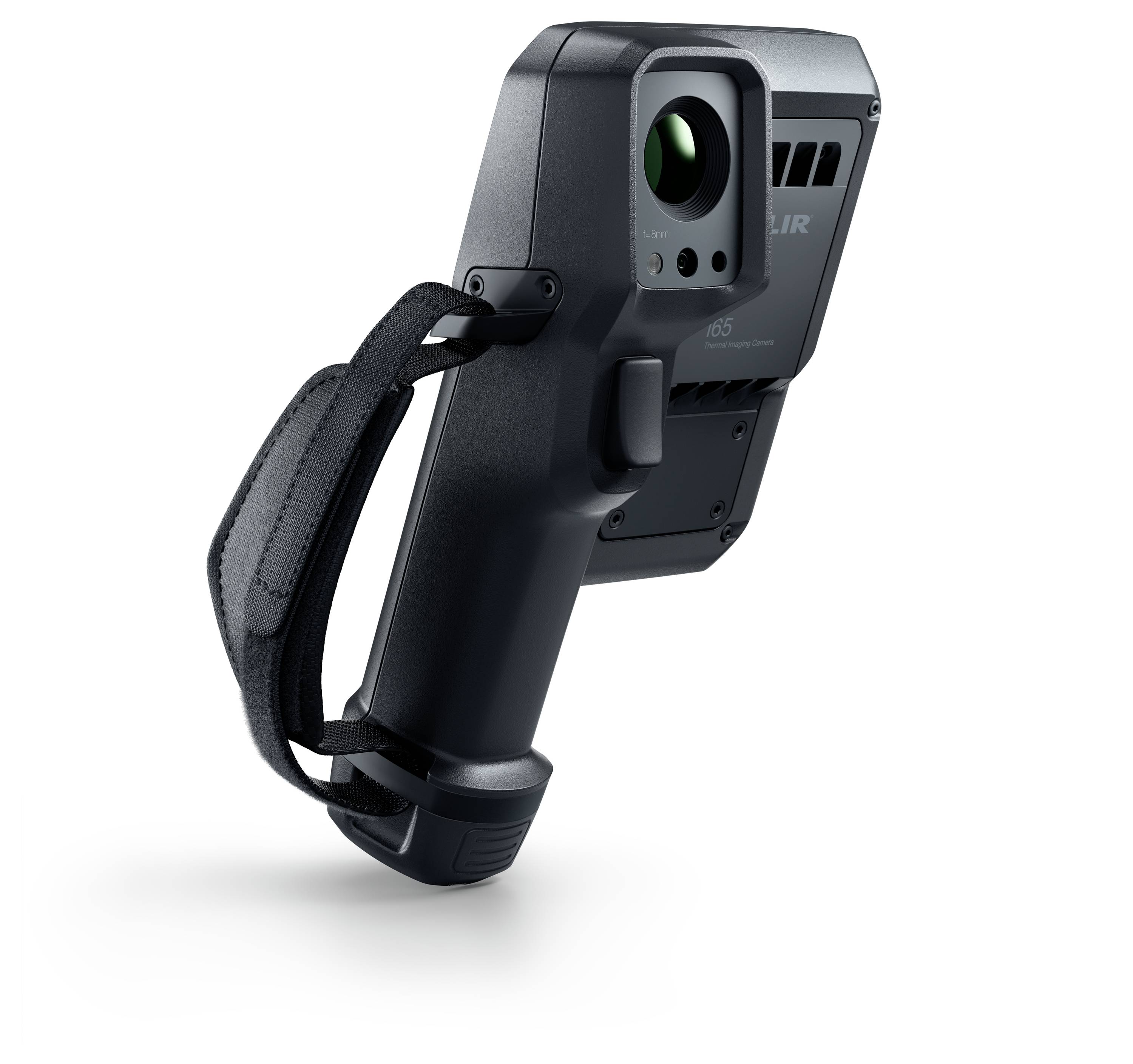 Handgehaltene Infrarotkamera mit rechteckigem Gehäuse und großer Linse, entwickelt für Wärmebildaufnahmen. Inklusive Handgriff und markiertem Trageriemen an der Seite.