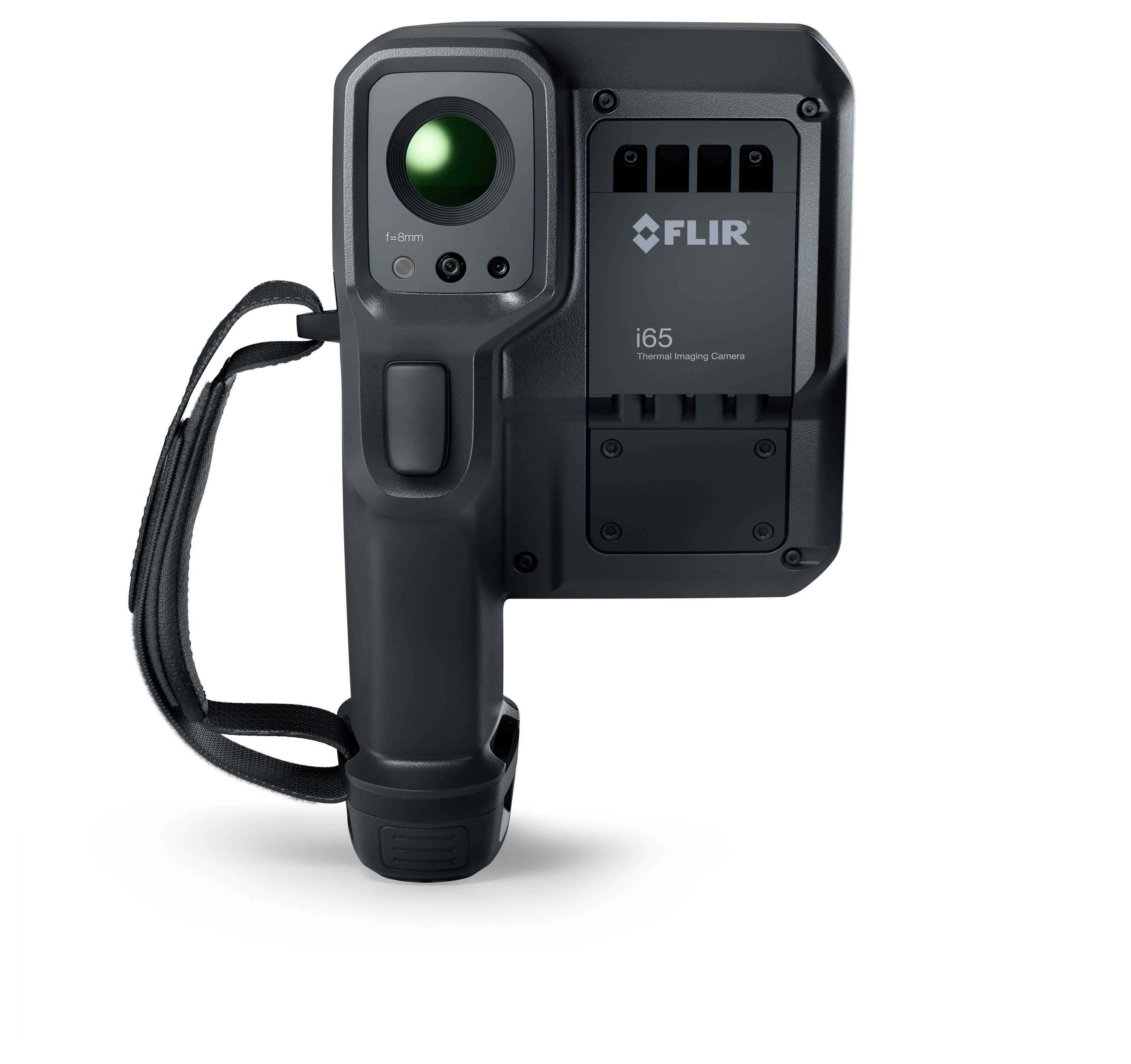 Eine tragbare Wärmebildkamera mit Objektiv und Display, beschriftet mit 'FLIR i65'. Verwendet für Infrarot-Temperaturmessungen und Inspektionen.