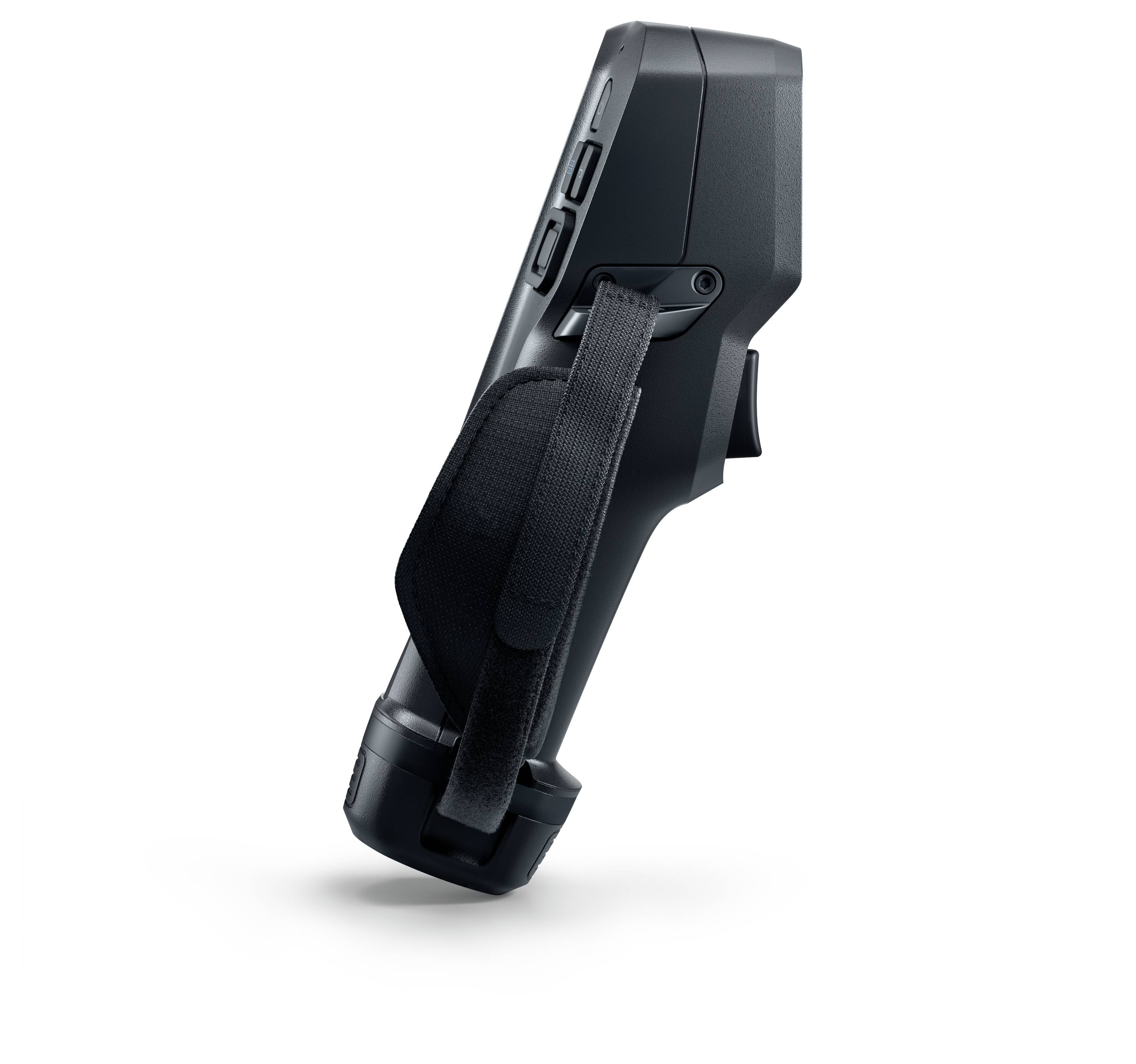 Eine handliche Wärmebildkamera mit schwarzem ergonomischem Design und sichtbarem Handgelenkband, die einige Bedienknöpfe an der Seite zeigt.