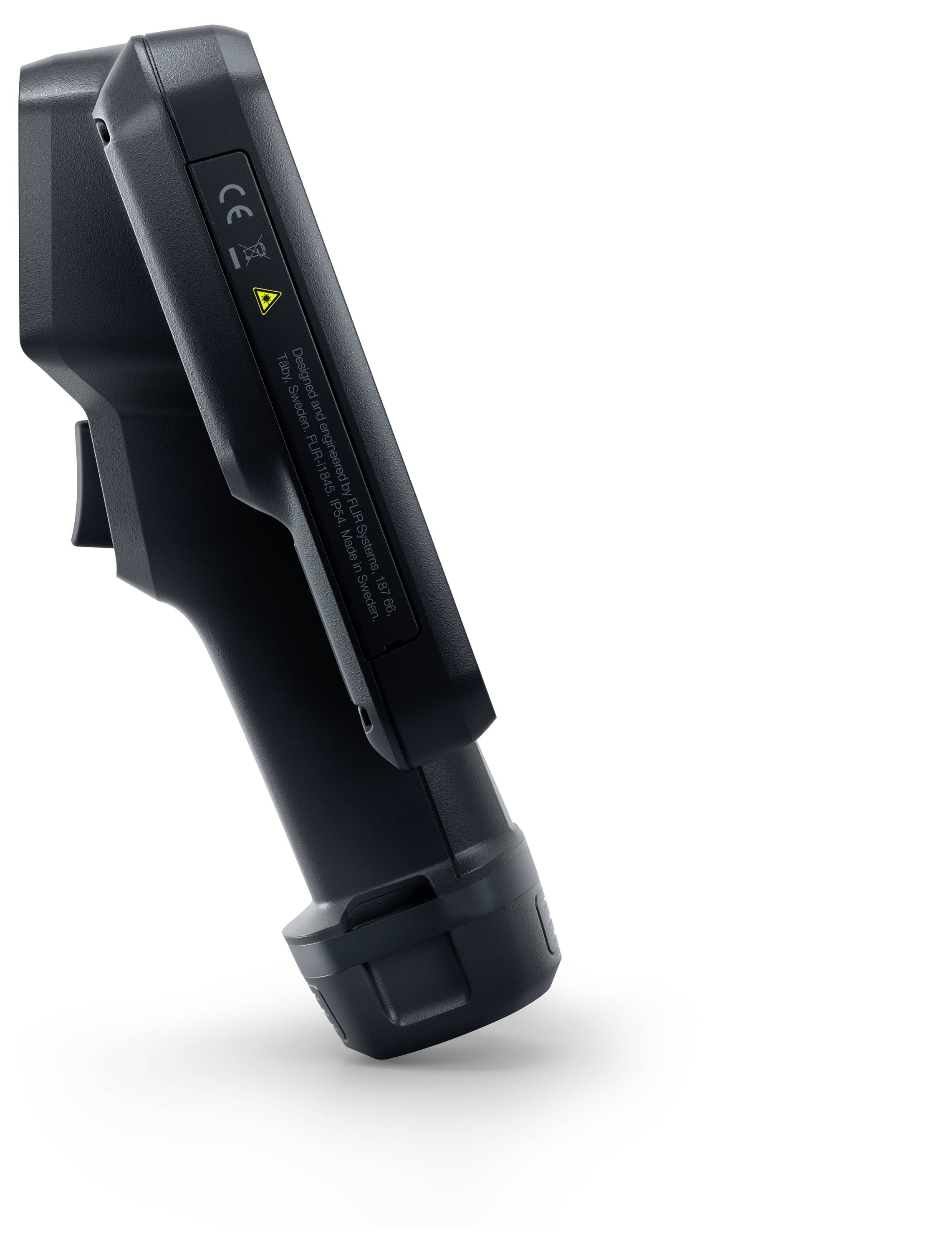 Eine Seitenansicht eines schwarzen, tragbaren elektronischen Geräts mit strukturiertem Griff und beschrifteter Taste.