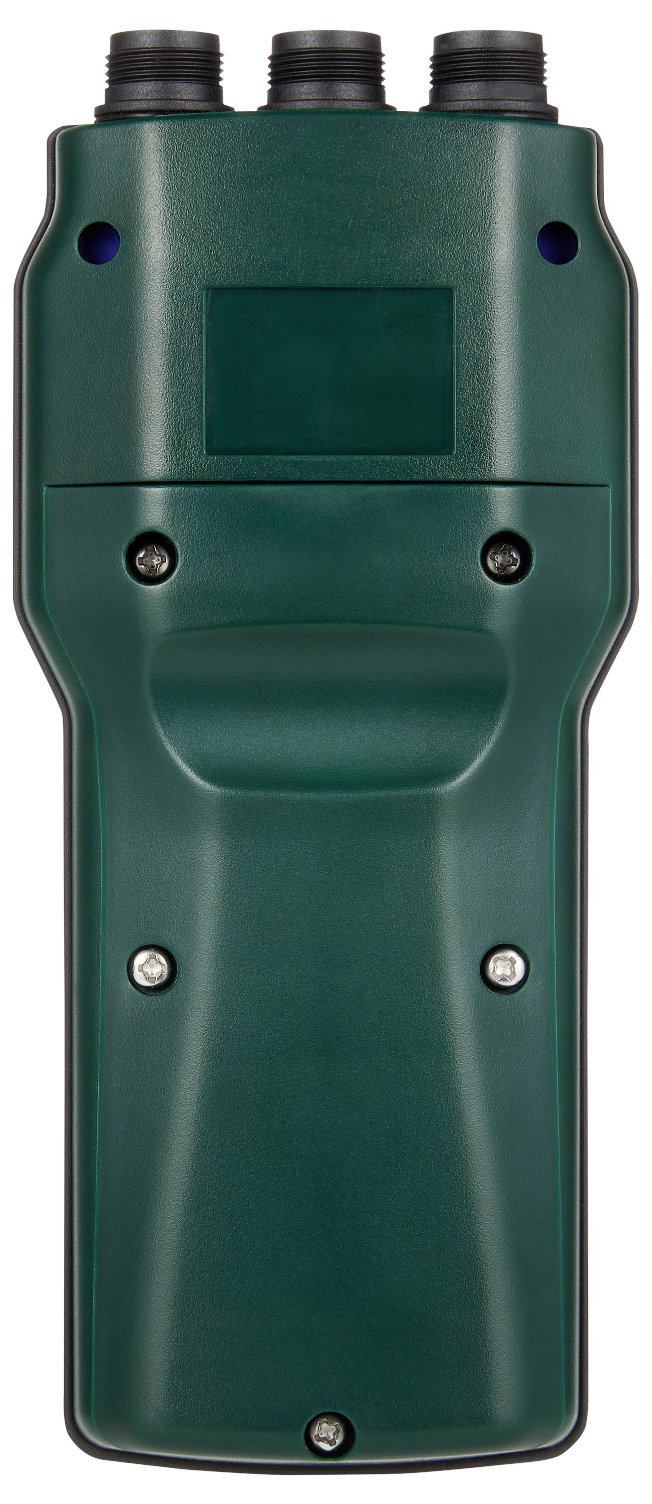 Ein grünes, tragbares elektrisches Gerät mit drei Kabelanschlüssen an der Oberseite und einem Griffbereich zum Halten.