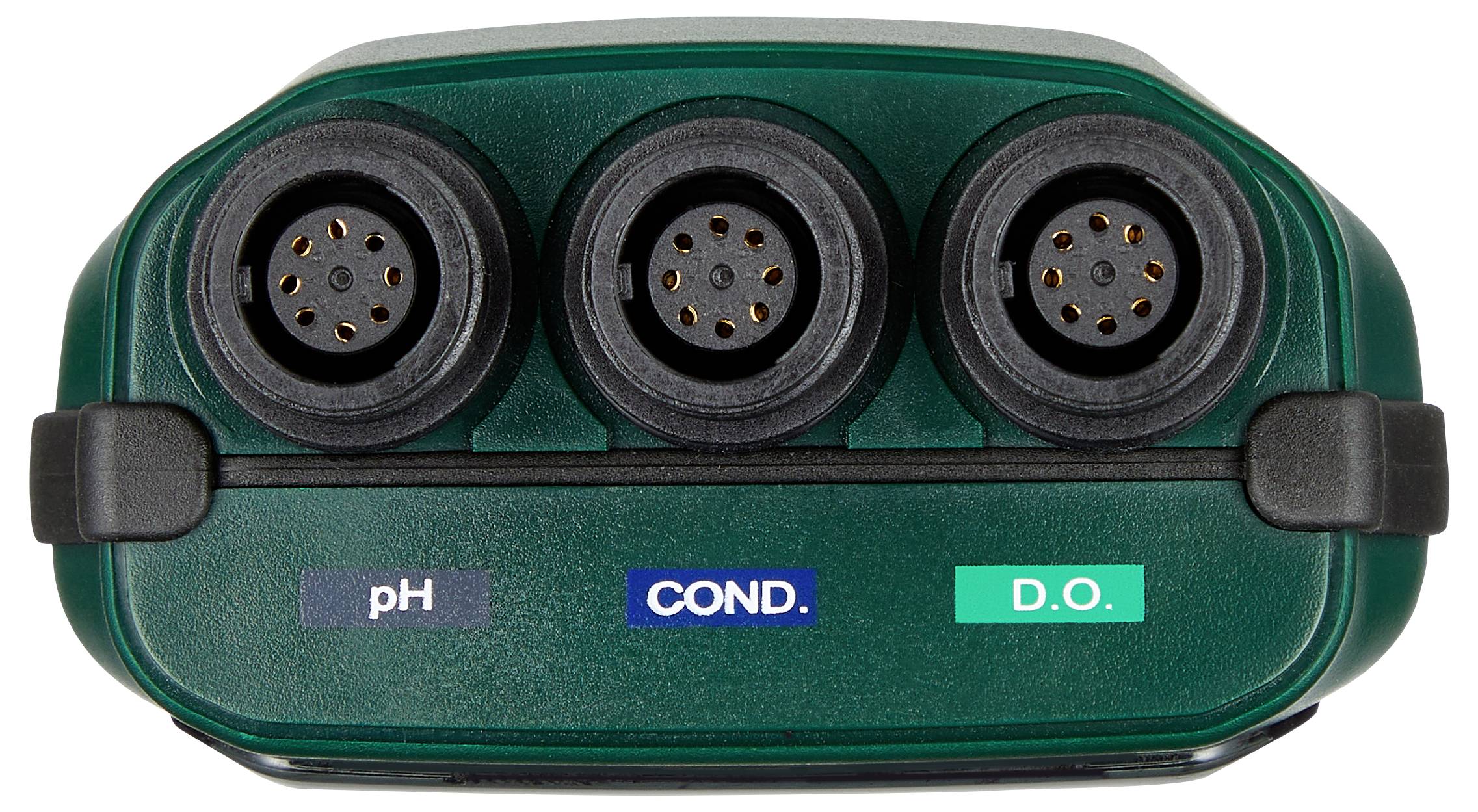 Ein Gerät mit drei kreisförmigen Anschlüssen, beschriftet mit „pH", „COND." und „D.O.", das wahrscheinlich zur Messung von Wasserqualitätsparametern verwendet wird.