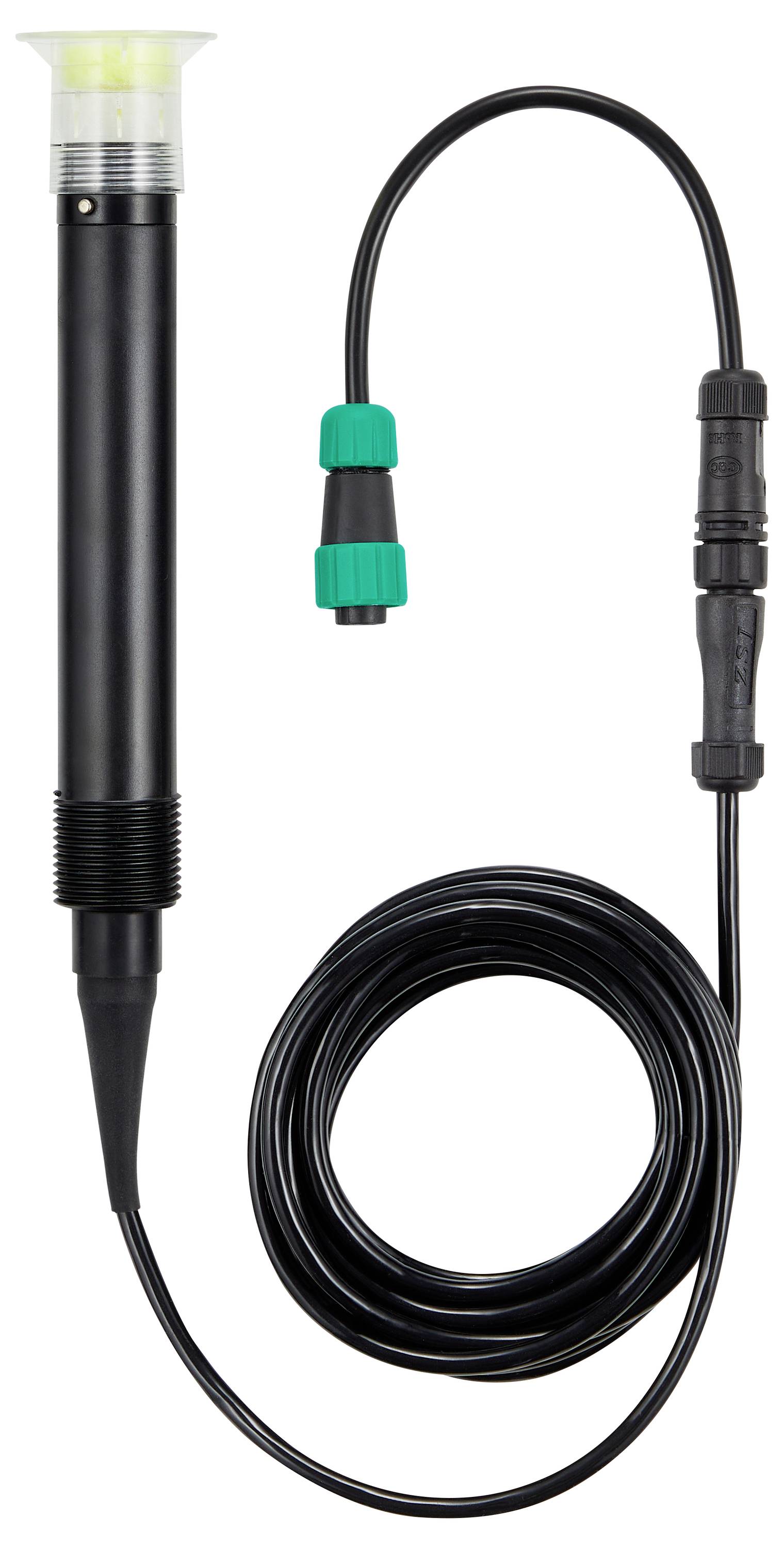 Eine schwarze zylindrische Sonde mit einer spitzen Spitze und einem gewickelten Kabel mit grünen und schwarzen Anschlüssen, höchstwahrscheinlich ein wissenschaftliches oder Messinstrument.