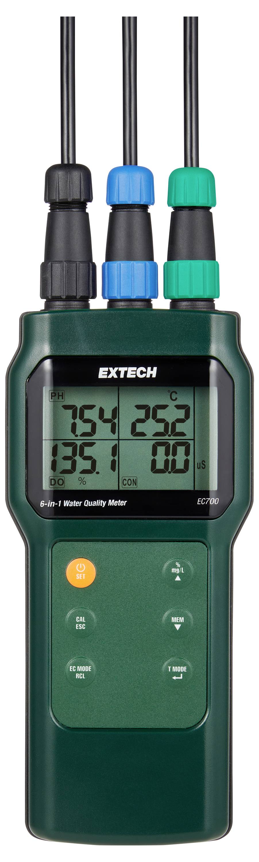 Ein tragbares Wasserqualitätsmessgerät mit drei Parametern: pH 7,54, Temperatur 25,2 °C und Leitfähigkeit 1351 µS/cm.