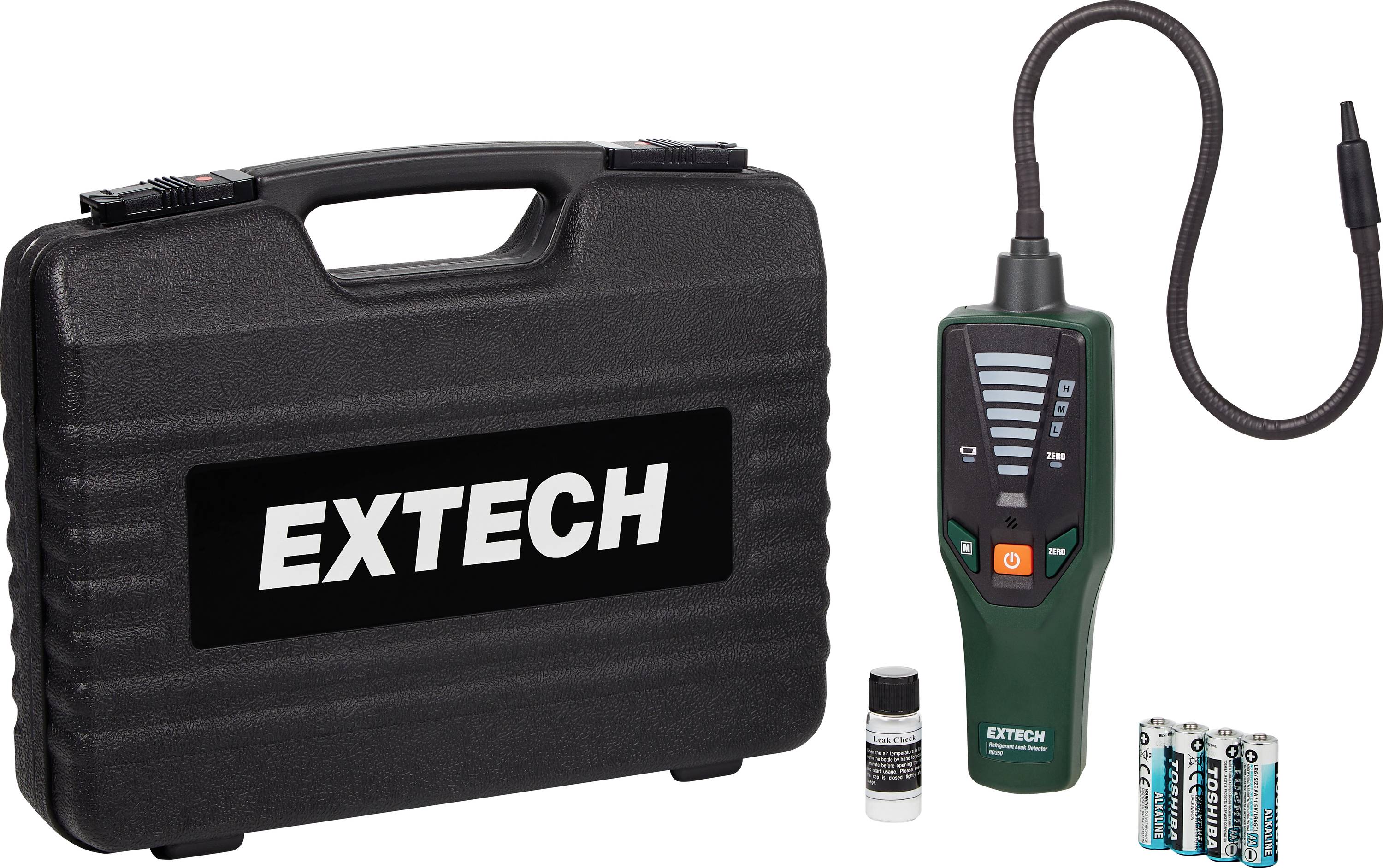 Tragbarer Gasdetektor mit flexibler Sonde, dargestellt mit einem schwarzen Transportkoffer mit der Aufschrift 'Extech', einem kleinen Handbuch und vier Batterien.
