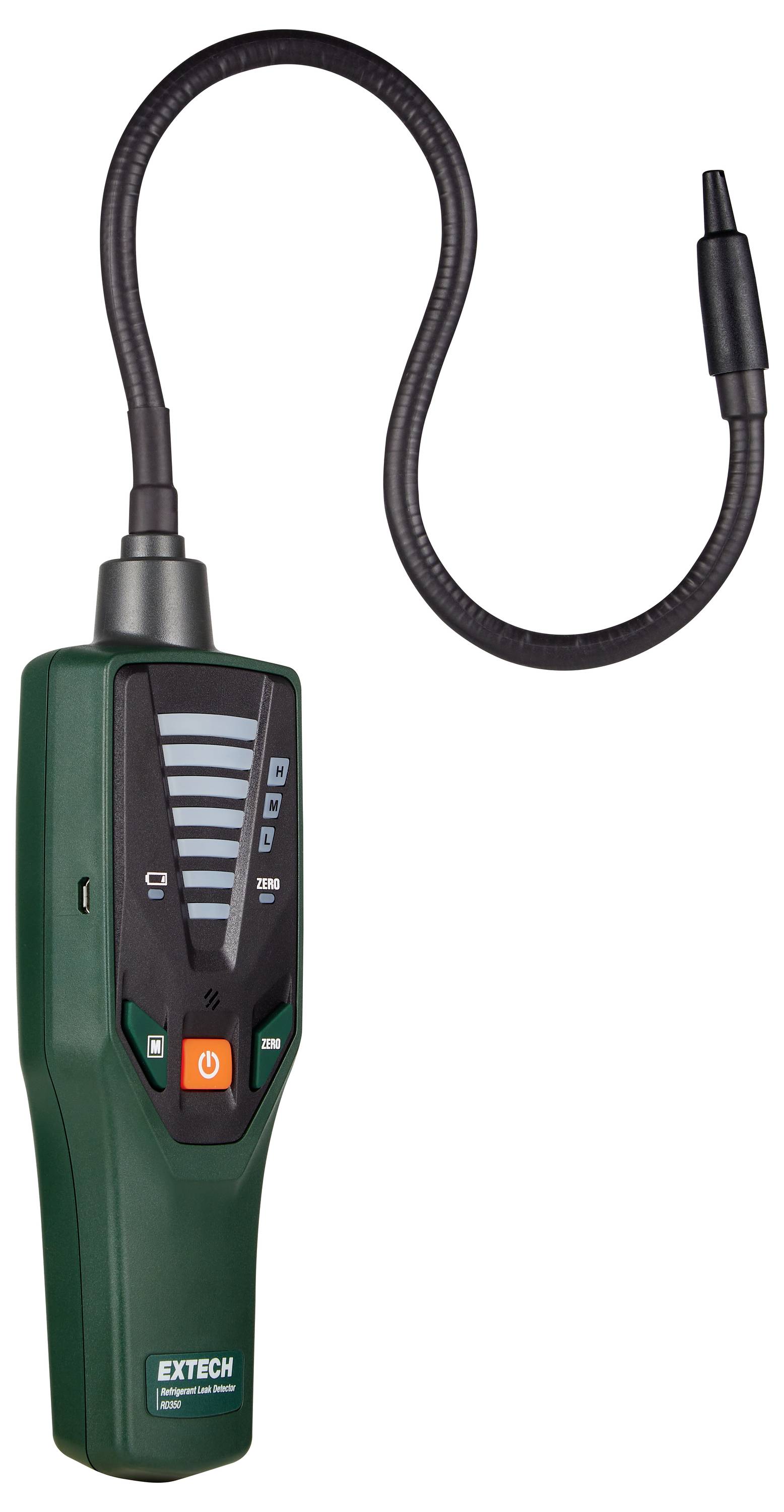 Gaslecksuchgerät mit flexibler Sonde, digitaler Anzeige, Modutasten und Ein-/Ausschalter zur Gasdetektierung.