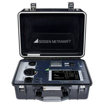 Ein 'Gossen Metrawatt' Elektrotestgerät in einem offenen Gehäuse, das verschiedene Eingänge und digitale Anzeigen zur Widerstandsmessung zeigt.