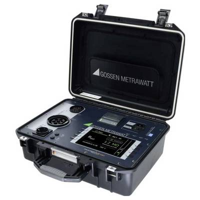 Ein tragbares elektrisches Prüfgerät von Gossen Metrawatt mit digitaler Anzeige und Bedienungstasten, untergebracht in einem robusten Gehäuse.