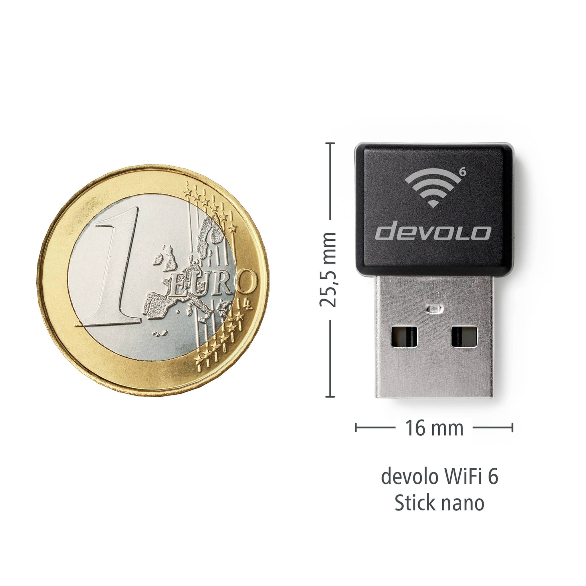 'devolo WiFi 6 Stick nano' USB-Adapter neben einer 1-Euro-Münze. Der Adapter misst 25,5 mm x 16 mm.