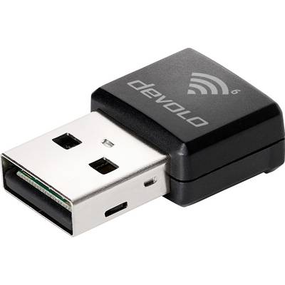 Ein kleiner schwarzer USB-Dongle mit der Aufschrift 'devolo' und einem WLAN-Symbol, der wahrscheinlich für drahtlose Konnektivität verwendet wird.