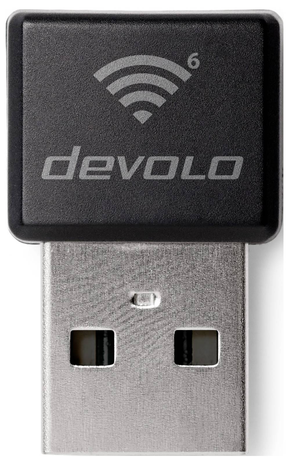 Eine Nahaufnahme eines USB-WLAN-Adapters mit schwarzem Gehäuse, auf dem das Logo 'devolo' und das WLAN-6-Symbol angebracht sind, was drahtlose Konnektivität signalisiert.