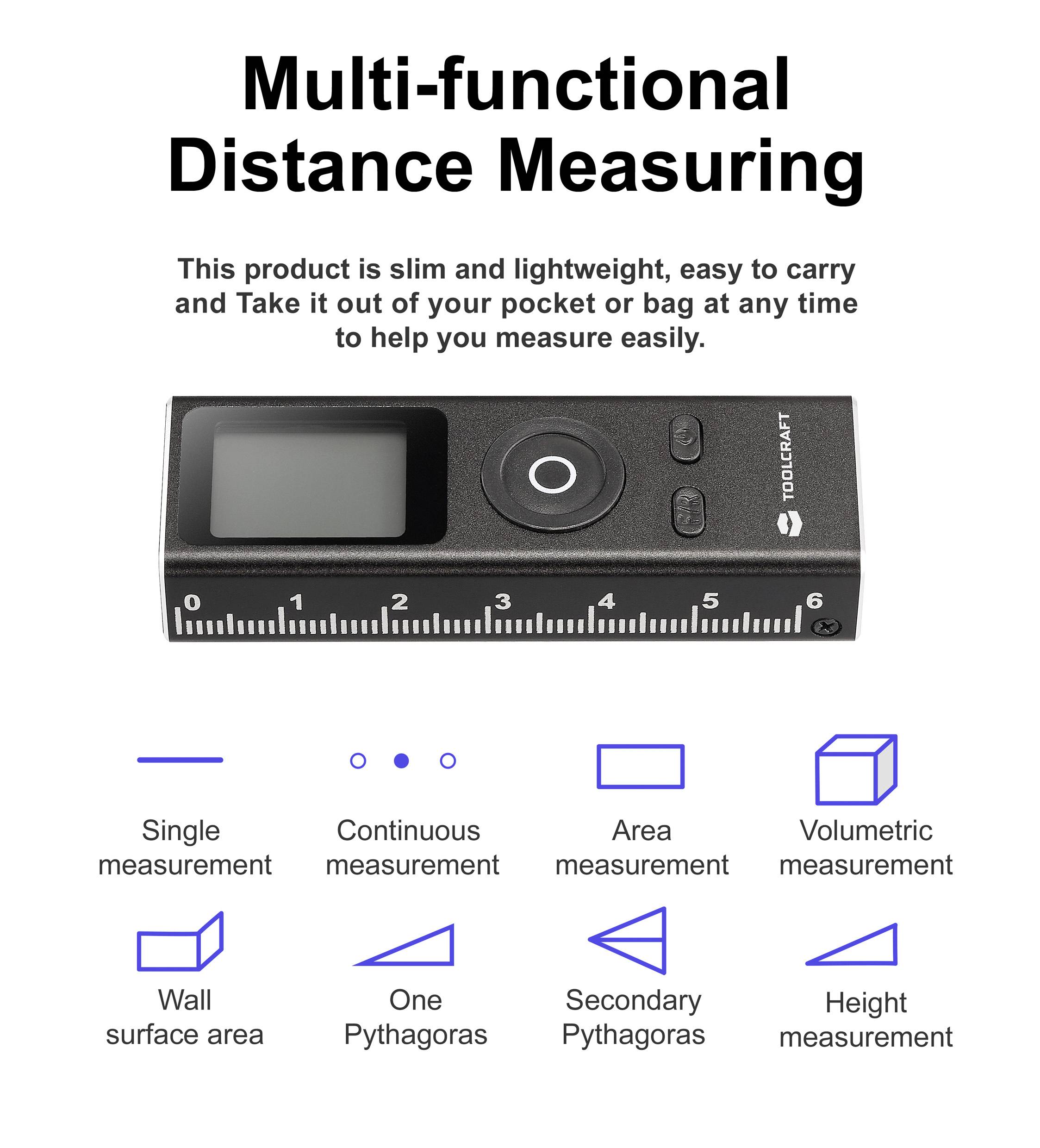 Multifunktionales Entfernungsmessgerät mit digitaler Anzeige und Tasten. Funktionen umfassen Einzel- und Dauermessung, Flächen-, Volumen-, Pythagoreische und Höhenmessung.