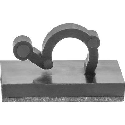 Eine schwarze abstrakte Metallskulptur mit kreisförmigen und linearen Elementen auf einer rechteckigen Basis.
