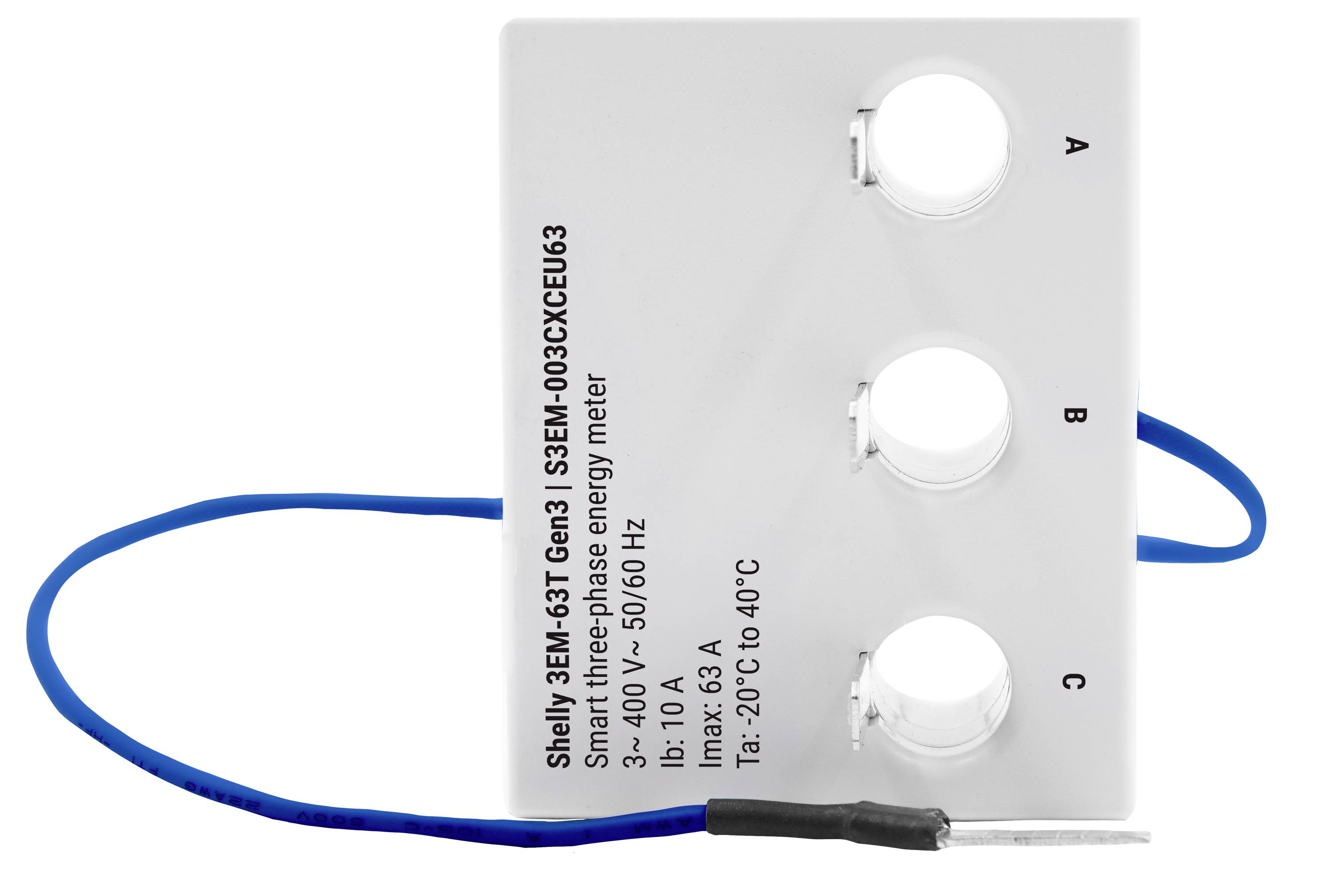 Ein dreiphasiger Energiezähler-Panel mit drei kreisförmigen Öffnungen, beschriftet mit A, B, C, und einem blauen Kabel. Text enthält technische Spezifikationen und Betriebstemperaturen.