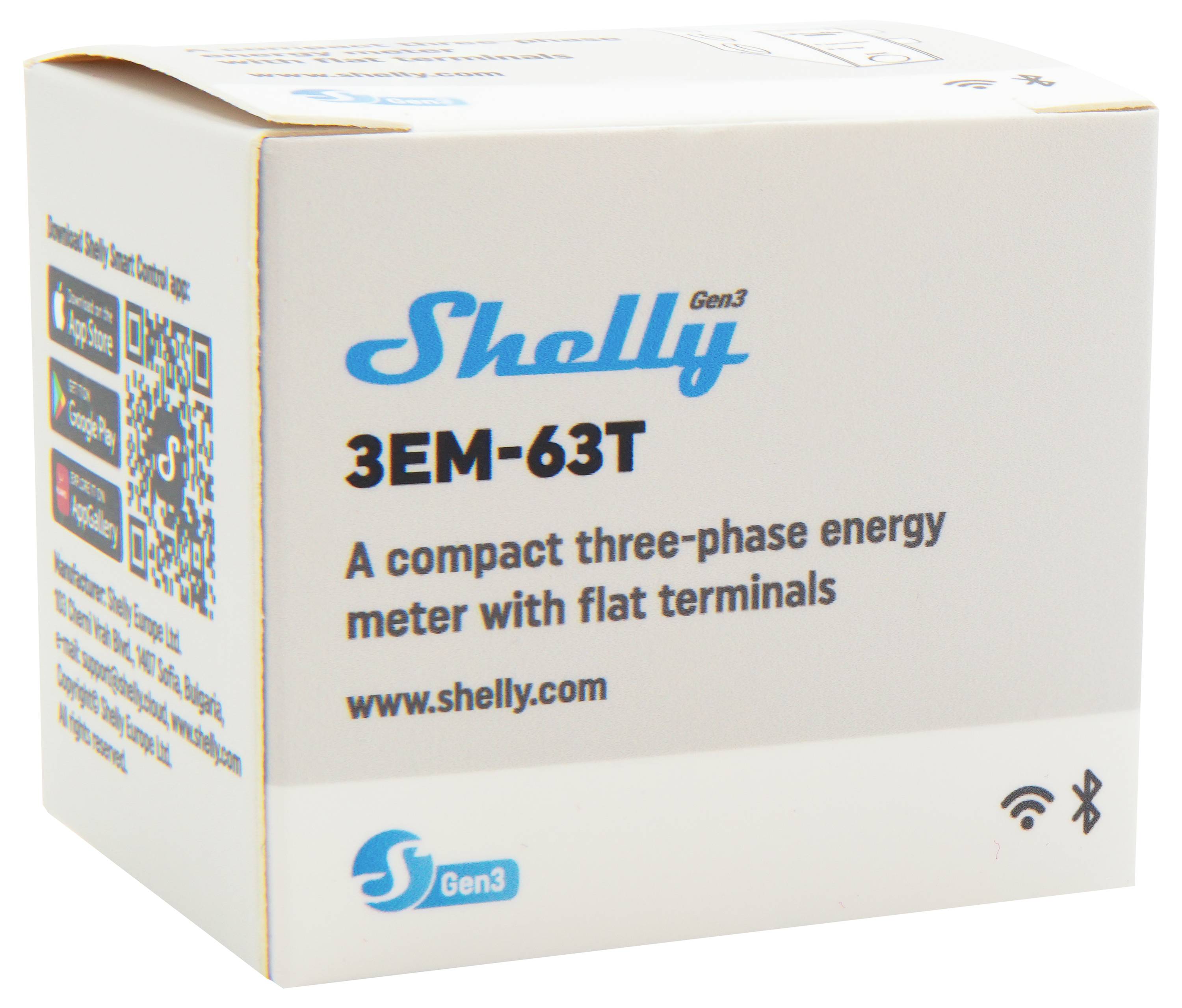 Kasten mit der Beschriftung 'Shelly 3EM-63T', ein kompakter dreiphasiger Energiezähler mit flachen Anschlüssen. Website: www.shelly.com. QR-Code und Symbole sichtbar.