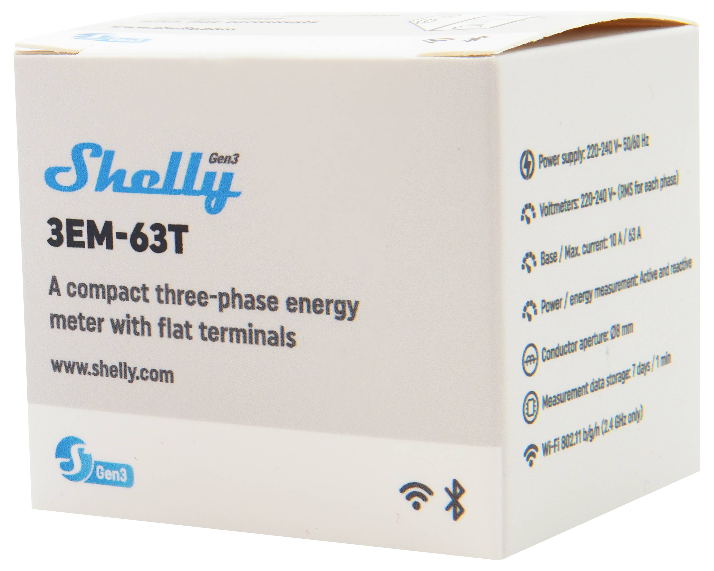 Die Abbildung zeigt eine weiße Verpackung für den Shelly Gen3 3EM-63T, einen kompakten dreiphasigen Energiezähler mit flachen Anschlüssen, inklusive technischer Spezifikationen.