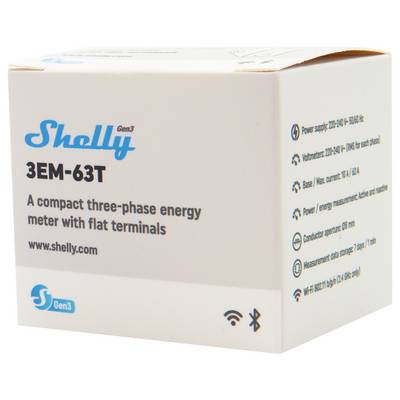 Die Abbildung zeigt eine weiße Verpackung für den Shelly Gen3 3EM-63T, einen kompakten dreiphasigen Energiezähler mit flachen Anschlüssen, inklusive technischer Spezifikationen.