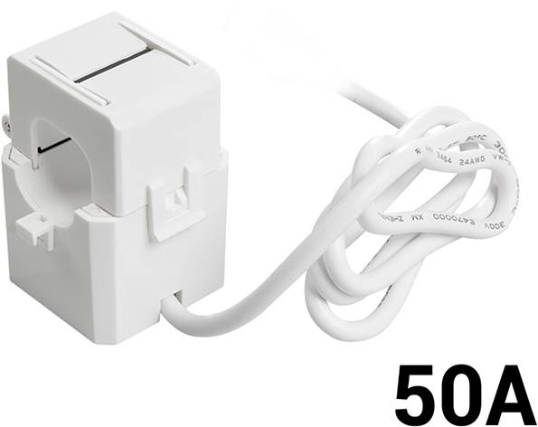 Ein weißer 50A Stromwandler mit einer davon ausgehenden gewickelten Leitung.