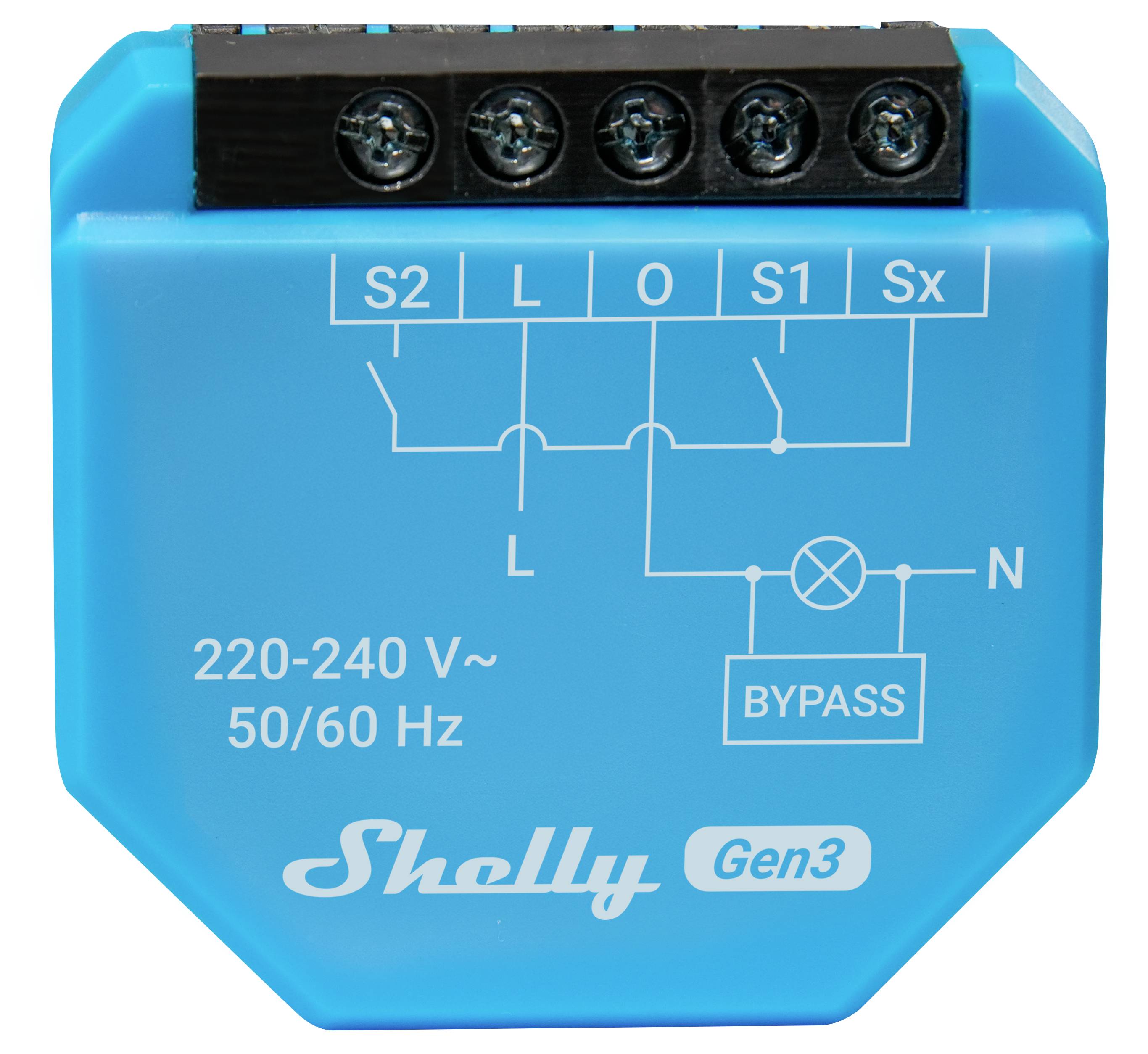 Blauer Shelly Gen3-Gerät mit Schaltplan auf der Vorderseite. Zeigt Komponenten und Verbindungen für S2, L, O, S1, Sx-Klemmen und Bypass-Funktion.