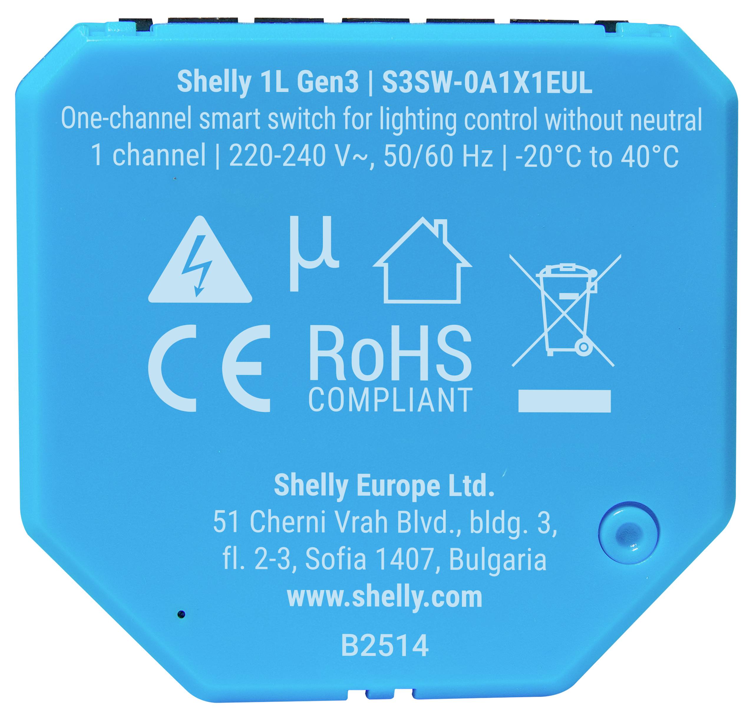 Ein blauer Shelly Gen3 Smart-Schalter für Beleuchtung, der Zertifizierungen und Kontaktinformationen für Shelly Europe Ltd zeigt, einschließlich Website und Adresse.