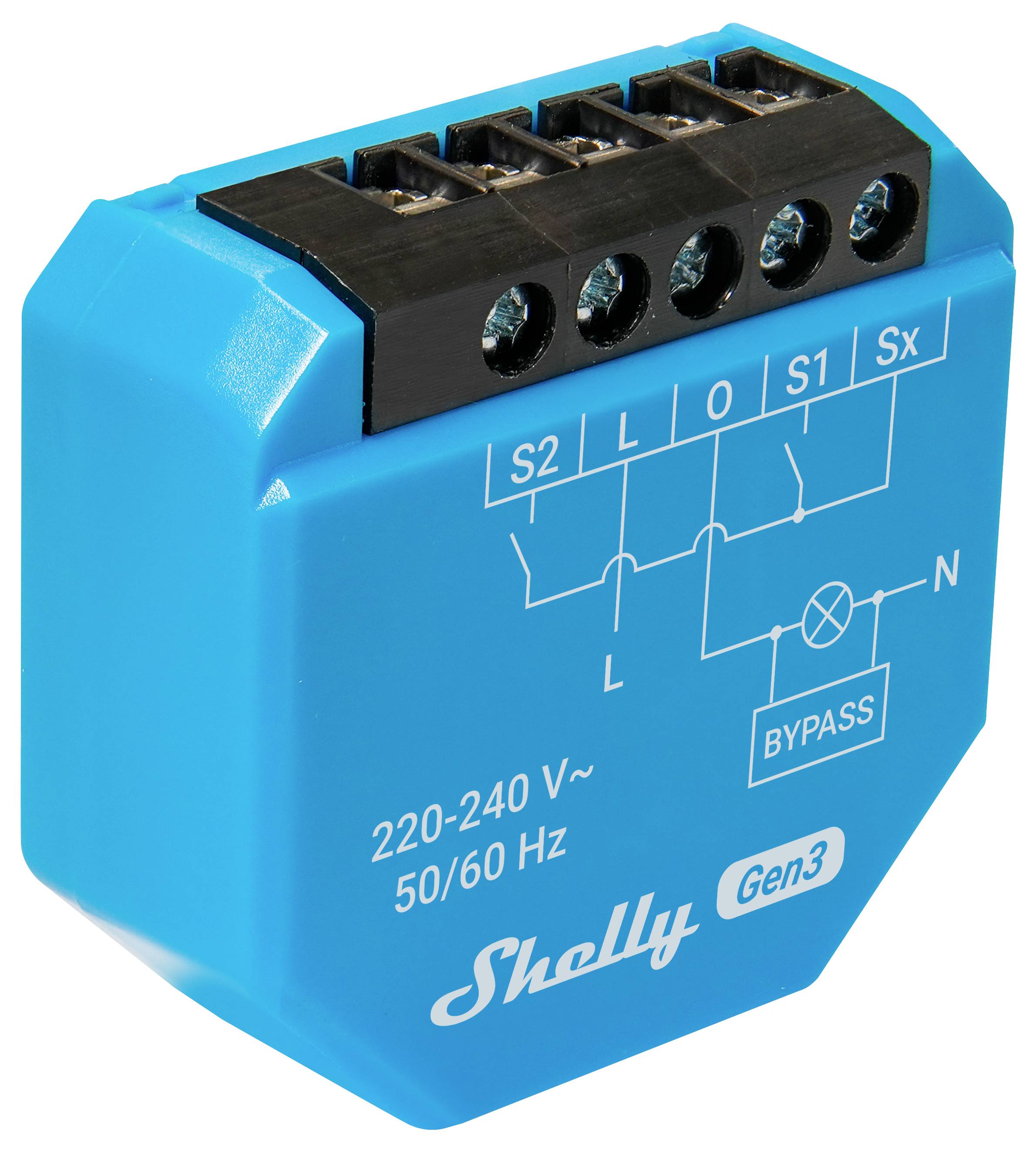 Ein kleines blaues elektronisches Gerät mit der Bezeichnung 'Shelly Gen3', das Anschlussklemmen auf der Oberseite und einen gedruckten Schaltkreisdiagramm aufweist, mit Angabe von 220-240V, 50/60 Hz.