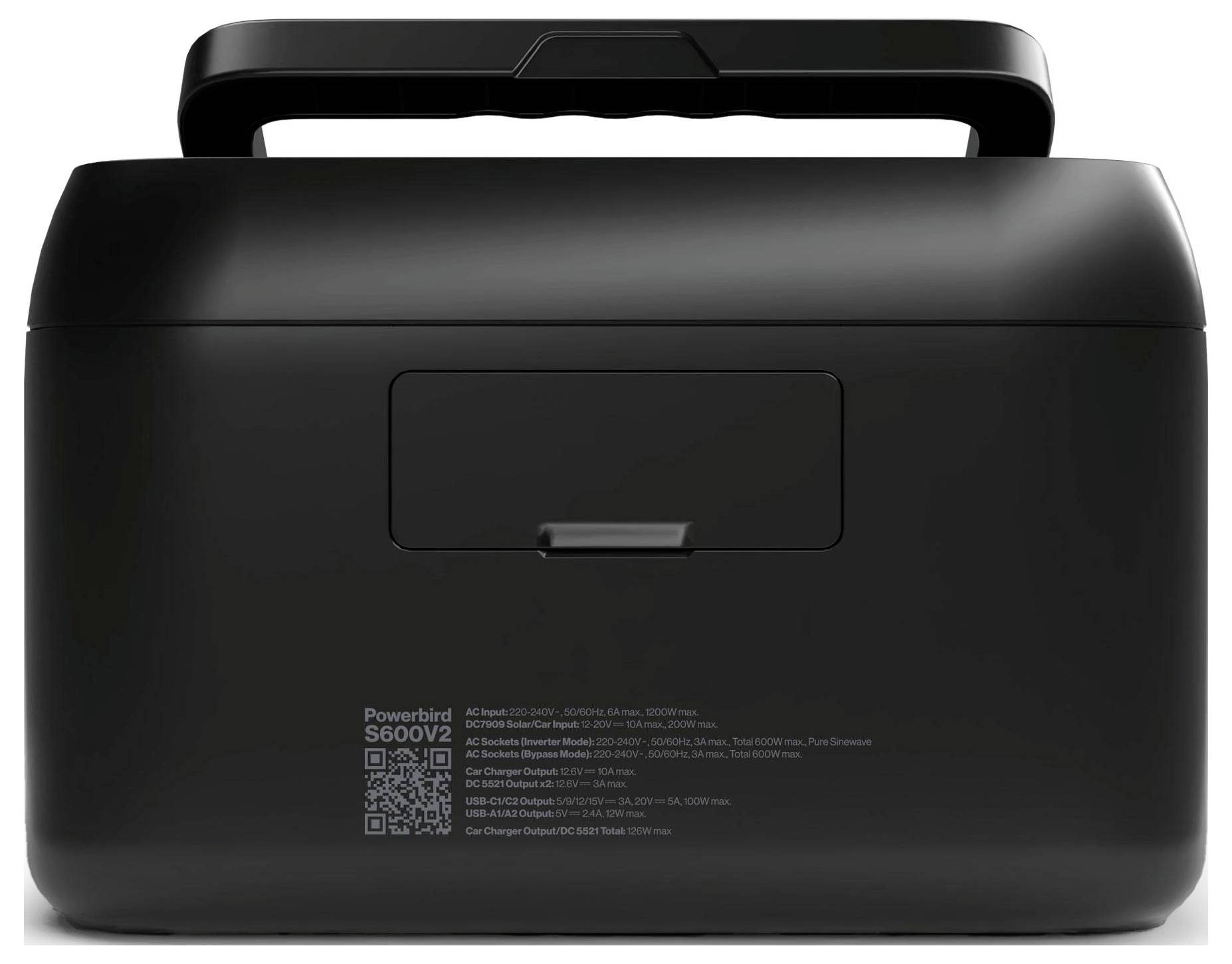 Schwarze Powerbank mit Griff, Frontplatte hat eine Klappe. Text enthält Modell 'Powerbird S600V2'. QR-Code und Spezifikationen sichtbar.