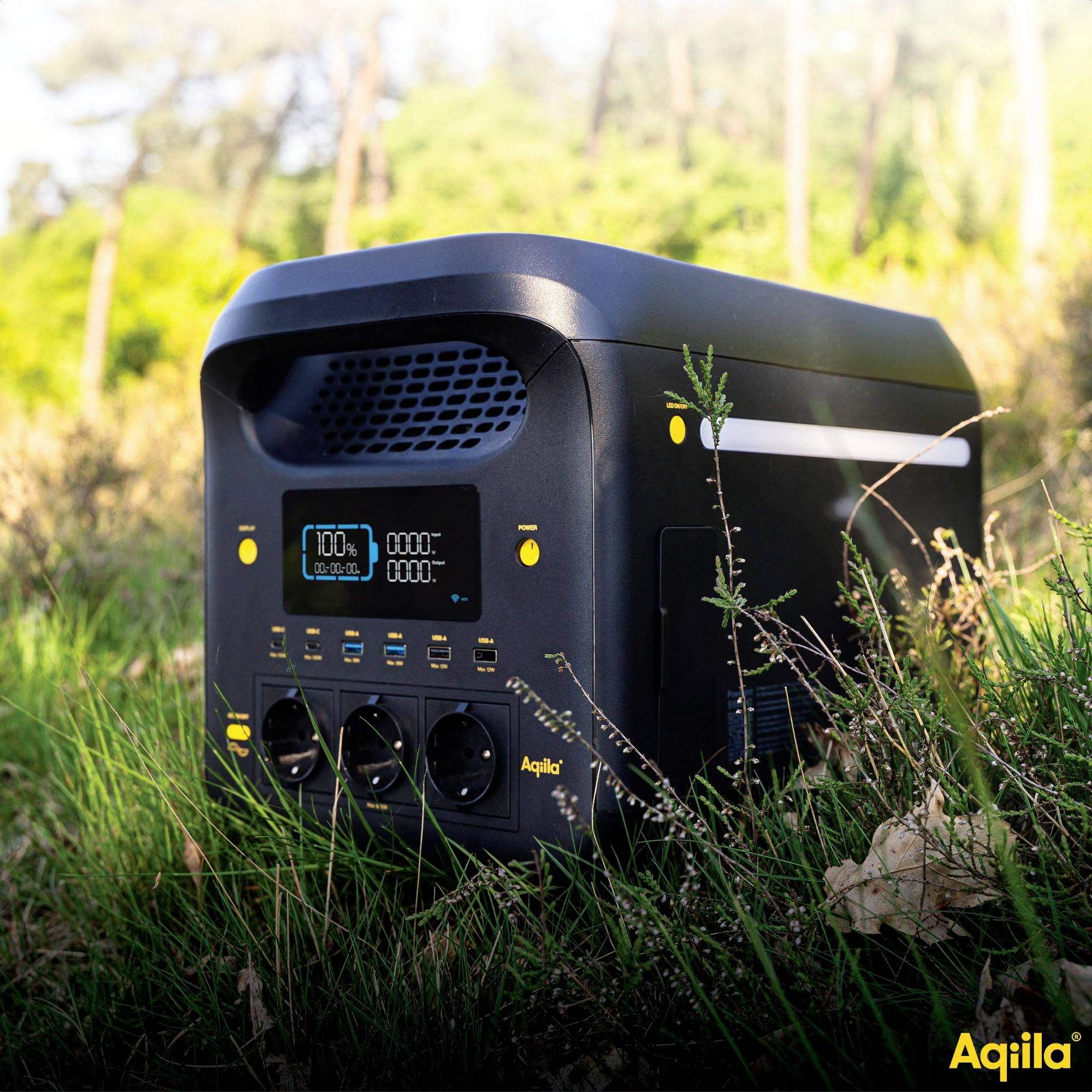 Ein tragbarer schwarzer Stromgenerator mit digitaler Anzeige und mehreren Anschlüssen steht tagsüber auf Gras in einem bewaldeten Gebiet.
