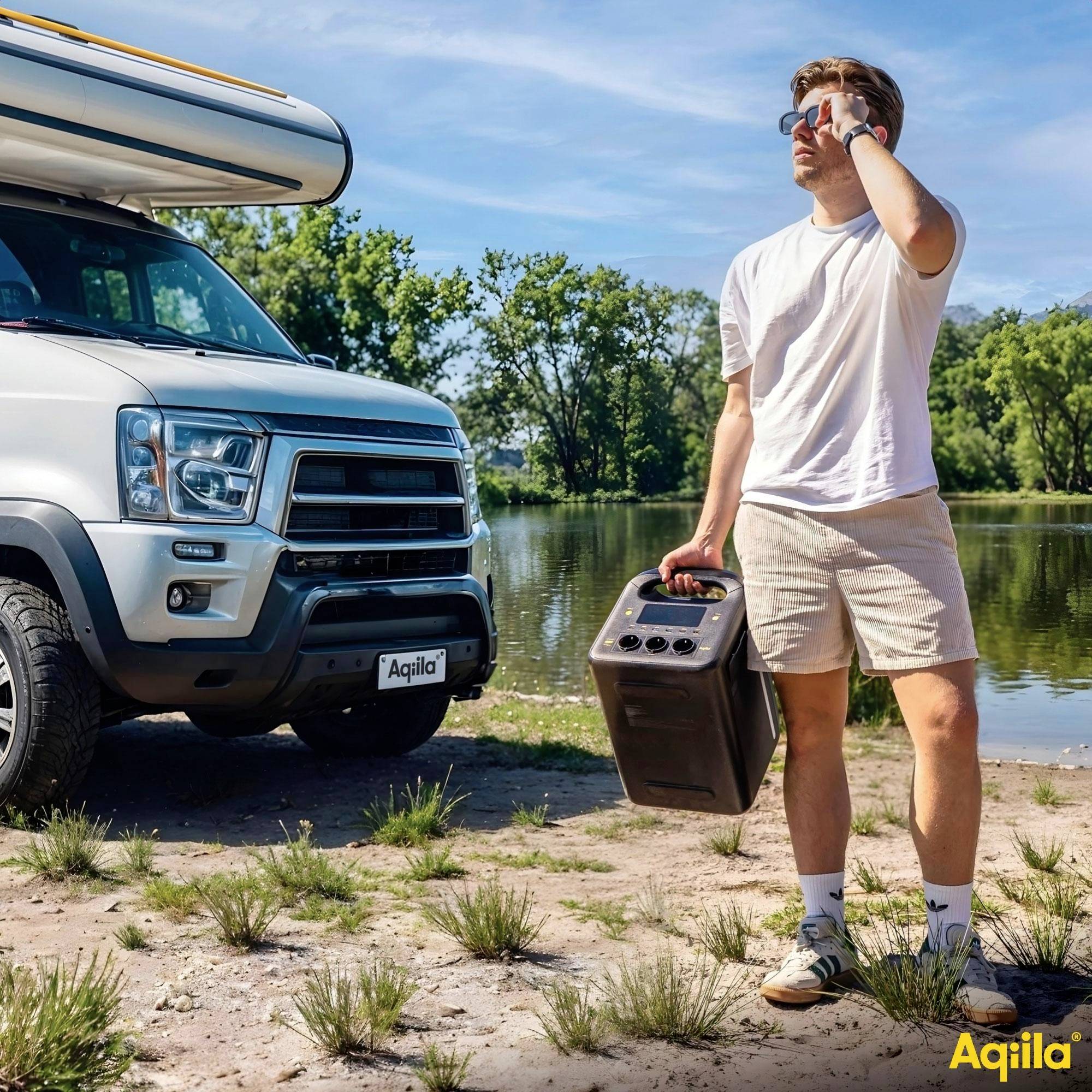 Ein Mann in lockerer Sommerkleidung steht an einem See und hält eine tragbare Powerstation neben einem geparkten Campingbus unter einem sonnigen Himmel.