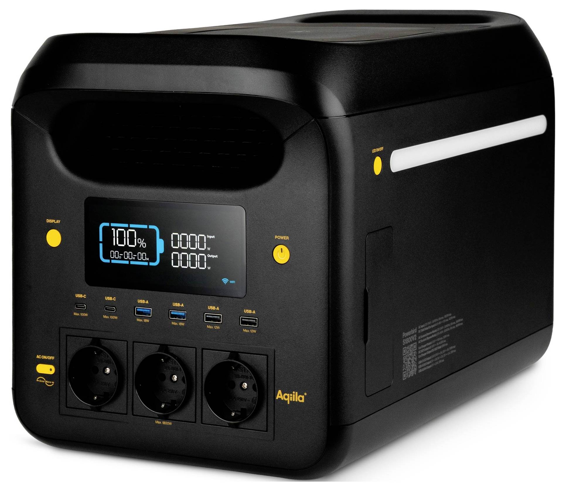 Ein schwarzer Stromgenerator mit einer digitalen Anzeige, die '100%' zeigt, mit mehreren Steckdosen und Anschlüssen.