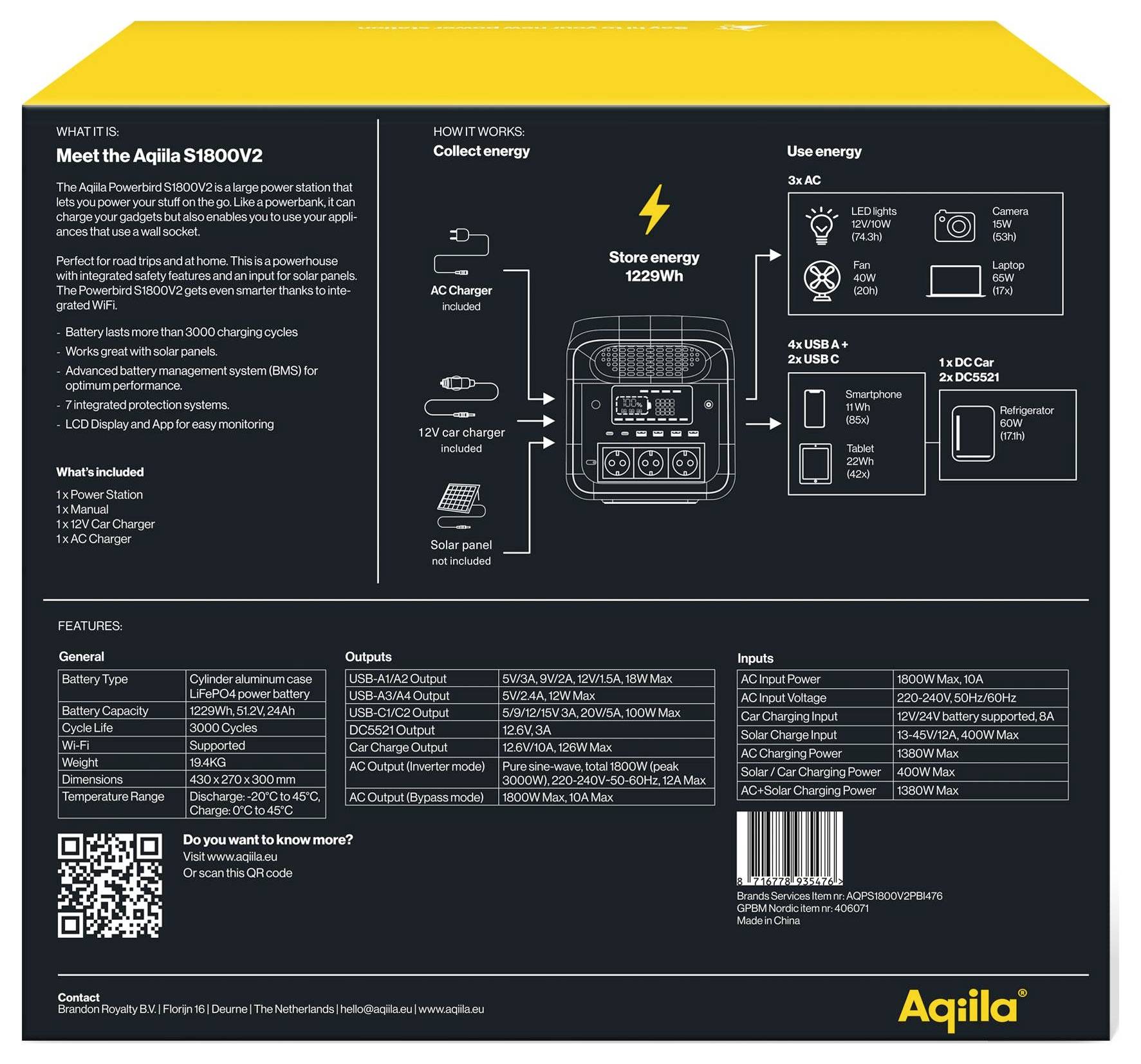 Die Abbildung zeigt die Produktverpackung für die Powerstation 'Aqilla S1800V2' mit Darstellung von Merkmalen, Ein-/Ausgängen und Energiespeicherdetails.