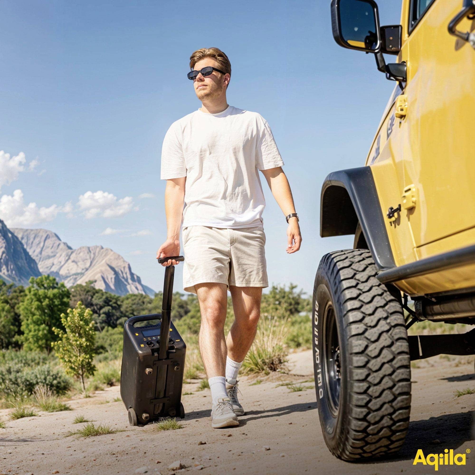 Eine Person mit Sonnenbrille geht auf einem Kiesweg neben einem gelben Jeep und zieht einen Rollkoffer; im Hintergrund sind Berge zu sehen.