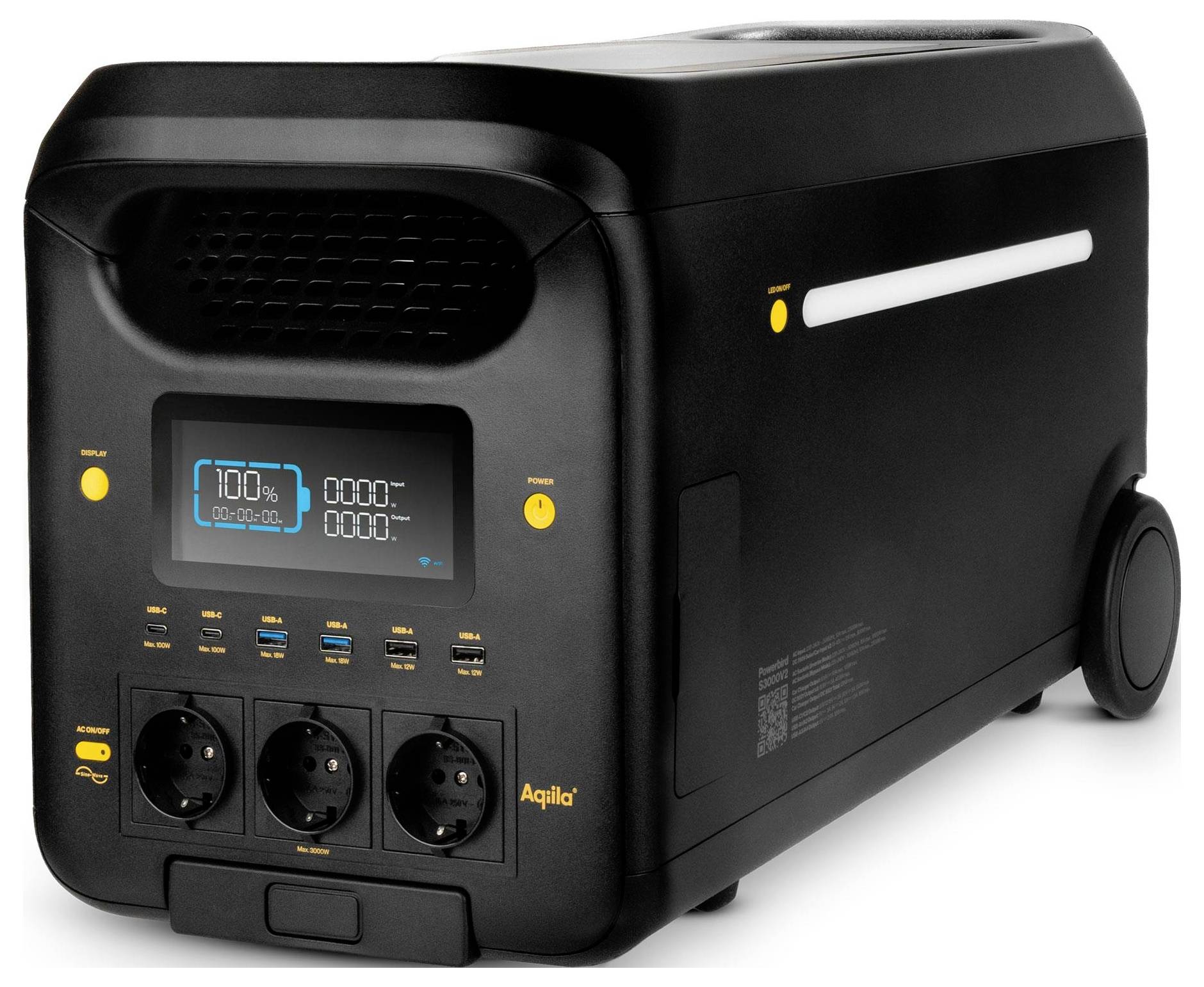 Eine schwarze mobile Powerstation mit digitaler Anzeige, die '100%' Ladung zeigt, mehreren Anschlüssen und einem Tragegriff oben.