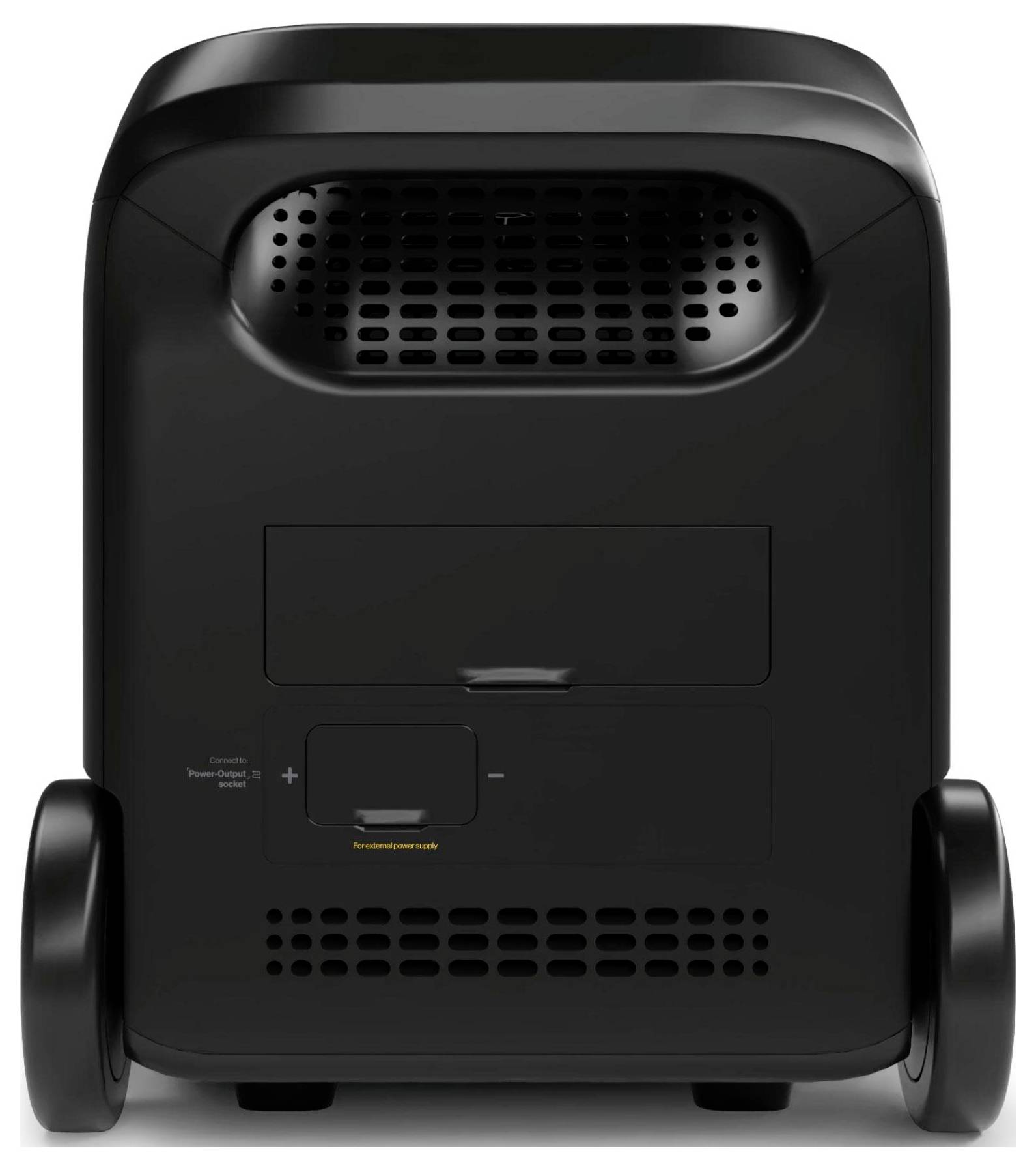 Ein schwarzes elektronisches Gerät mit Rädern, das einen Lüftungsschlitz oben, ein Bedienfeld und einen Stromeingang mit Plus- und Minuszeichen aufweist.