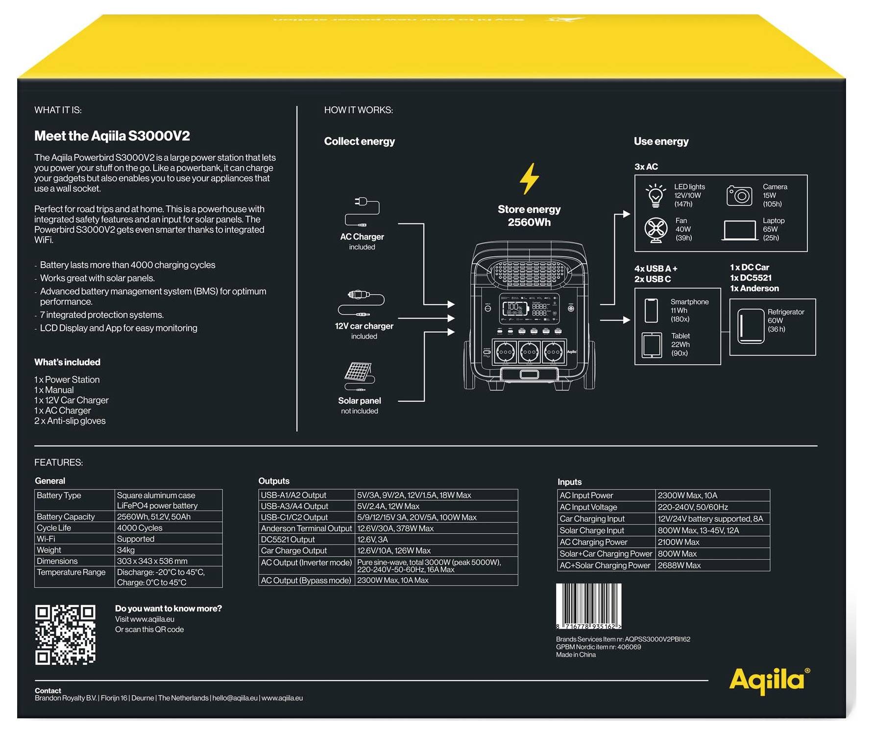Aqilla S3000V2 Powerstation Spezifikationen: 2560Wh Kapazität, sammelt Energie über AC, Solar und Autolader. Ausgänge: USB, DC, AC.