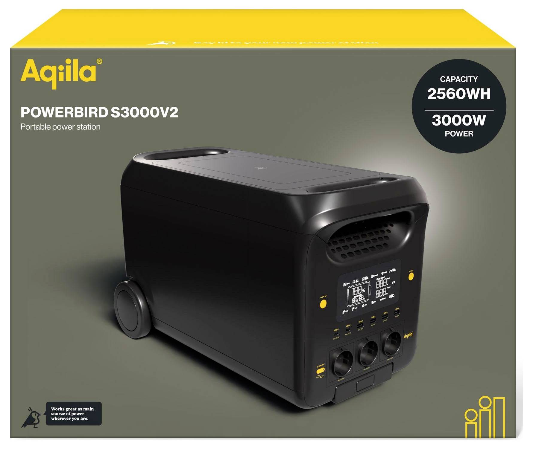 AqiiIa POWERBIRD S3000V2 Tragbare Powerstation mit einer Kapazität von 2560Wh und 3000W Leistung. Schwarzes Gerät mit Rollen und Anschlüssen.