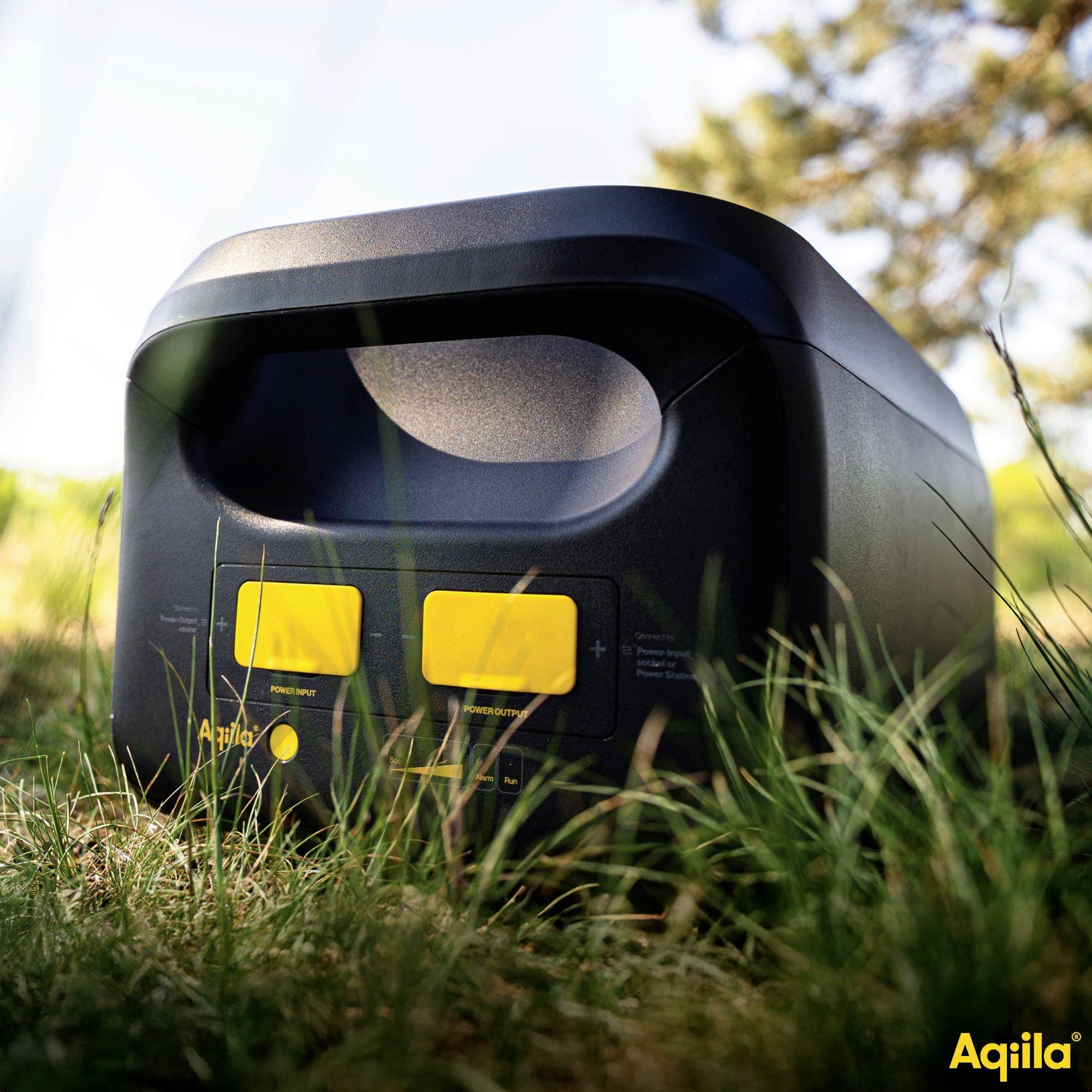 Ein tragbarer Solargenerator mit schwarzem Gehäuse und zwei gelben Stromanschlüssen steht auf Gras, umgeben von verschwommener Grünfläche und Sonnenlicht.